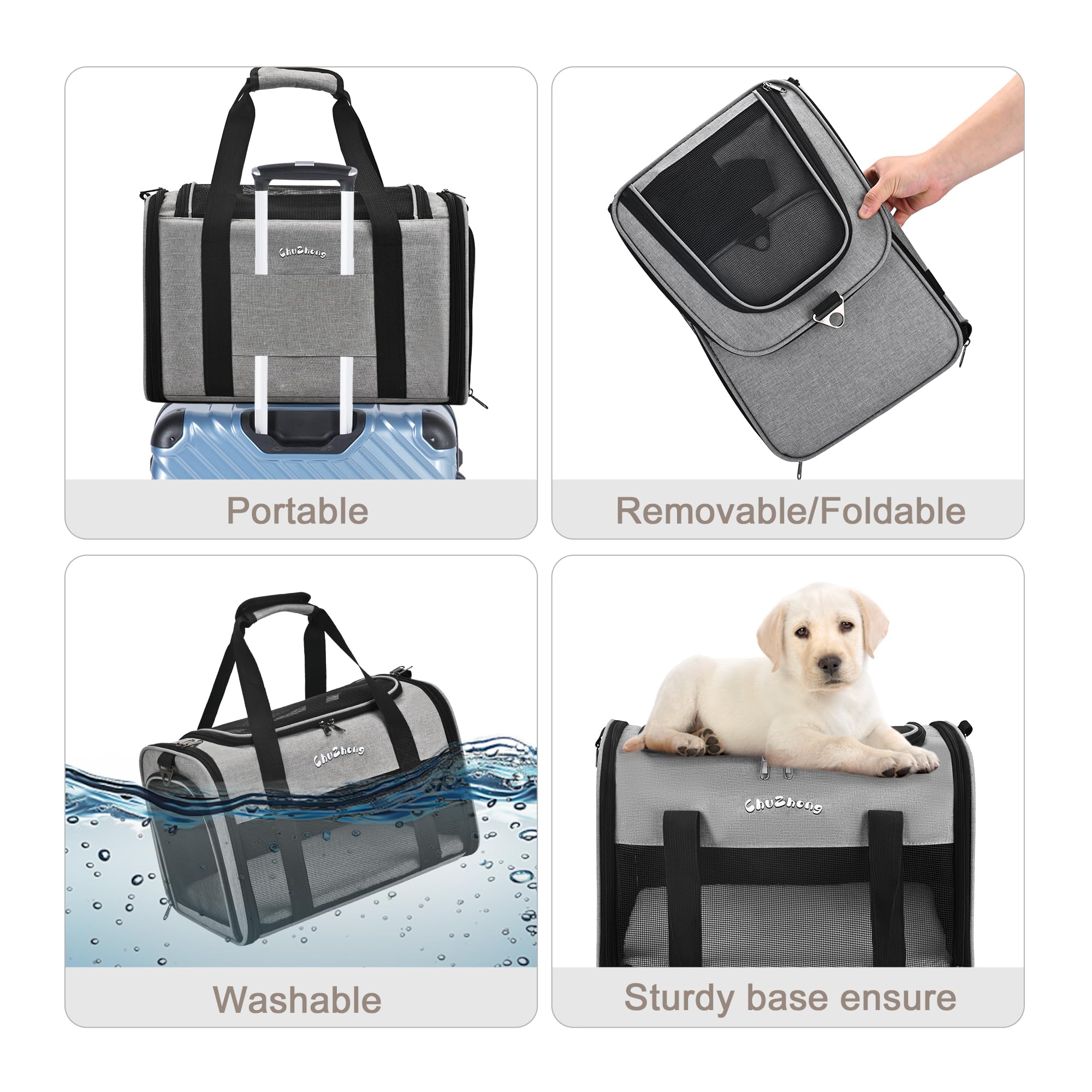 Chuzhong Airline Approved Pet Carrier for Cats & Small Dogs (Up to 18 lbs) - Soft Sided Travel Carrier, Grey, 17"L x 11"W x 11"H
