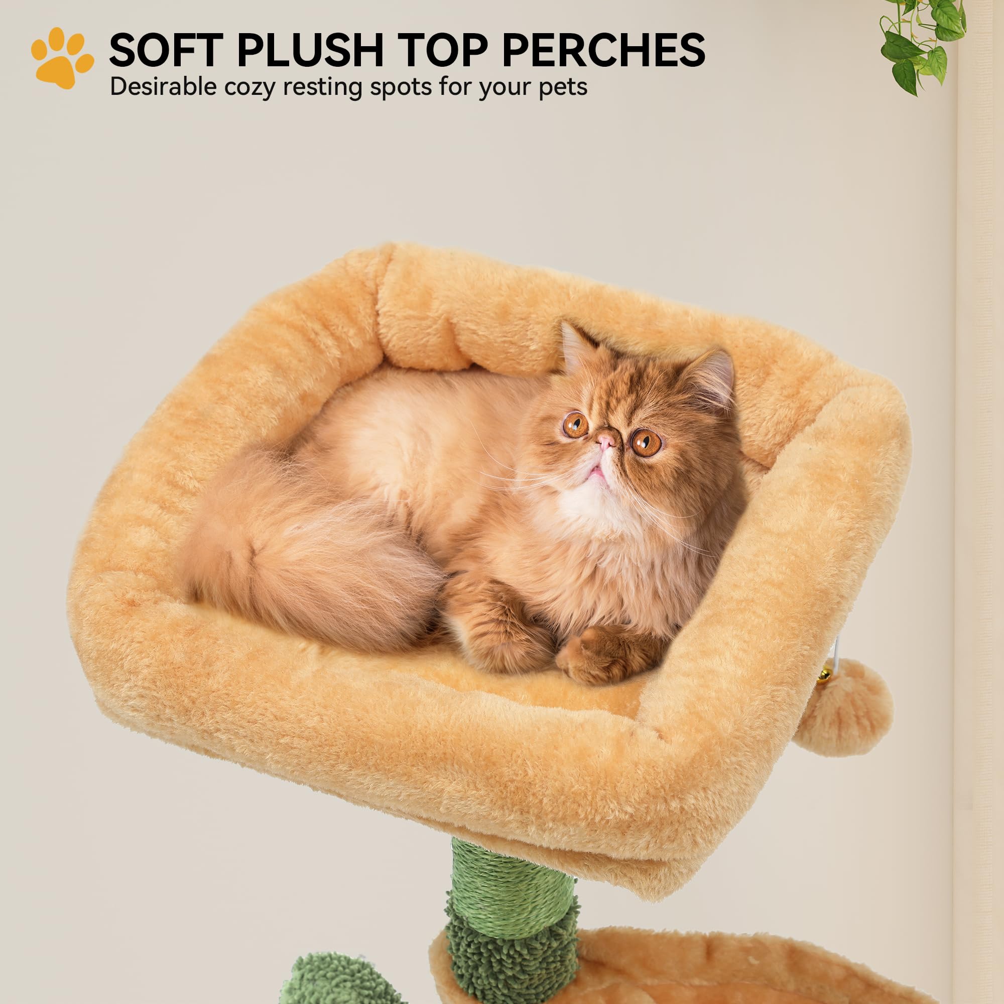 Yitahome 44.5In Tall Cactus Cat Tree Tower With Self-Grooming Brush, Cute Cat Climbing Tower For Indoor Cats With Cat Condo, Plu