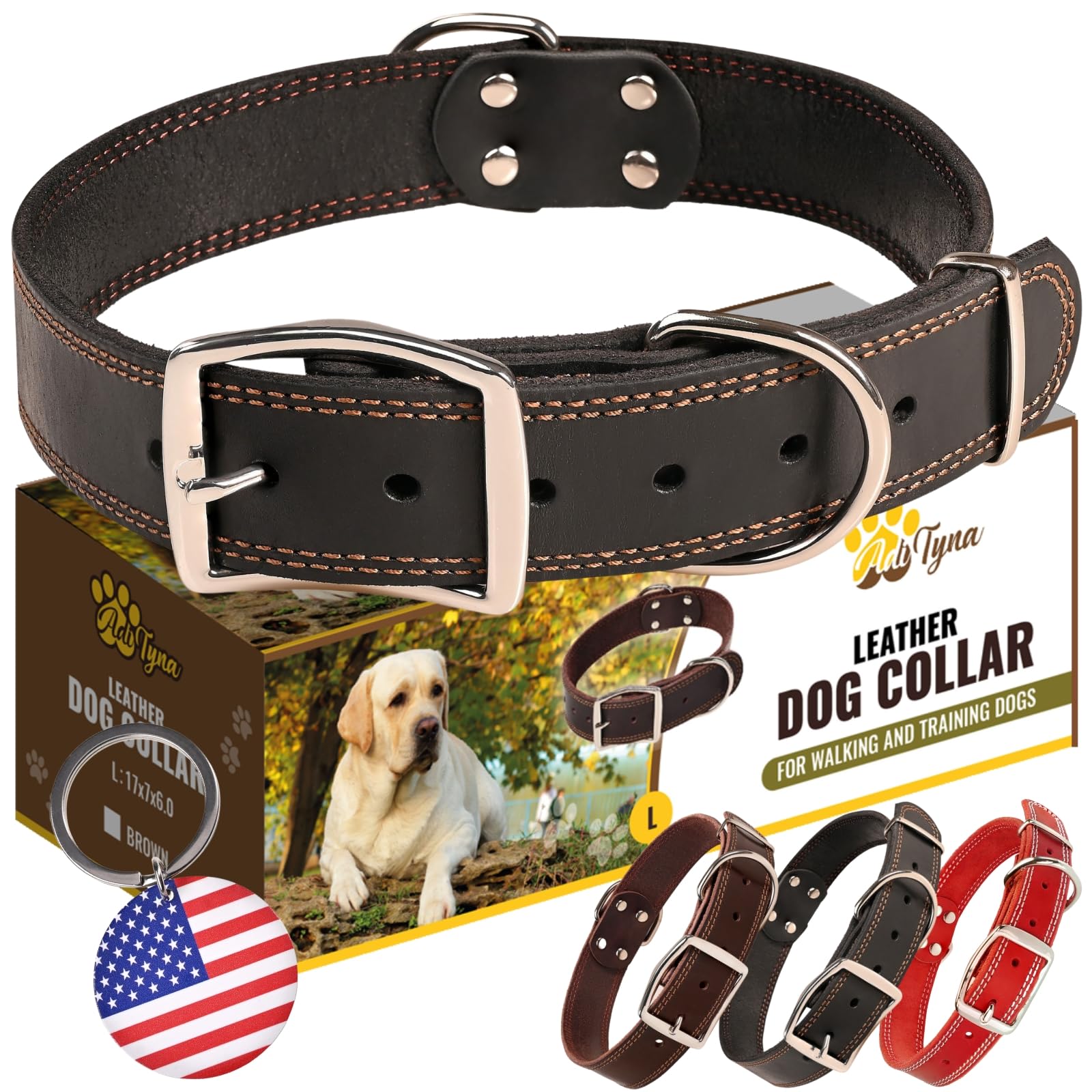 Adityna Heavy Duty Leather Dog Collar For Large Dogs - Black Large Dog Collar - Soft And Strong, 100% Genuine Leather (Large, Black)