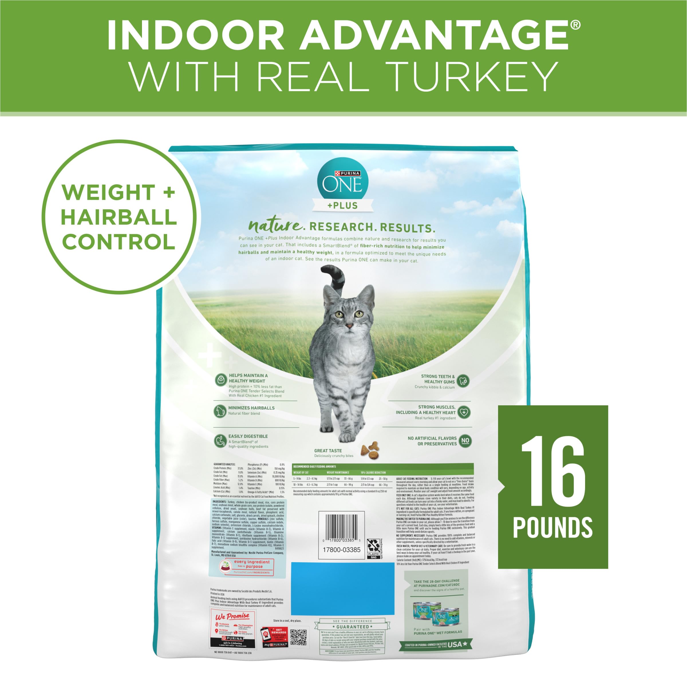 PURINA ONE Natural, Low Fat, Weight Control, Indoor Dry Cat Food, +Plus Indoor Advantage - 16 lb. Bag