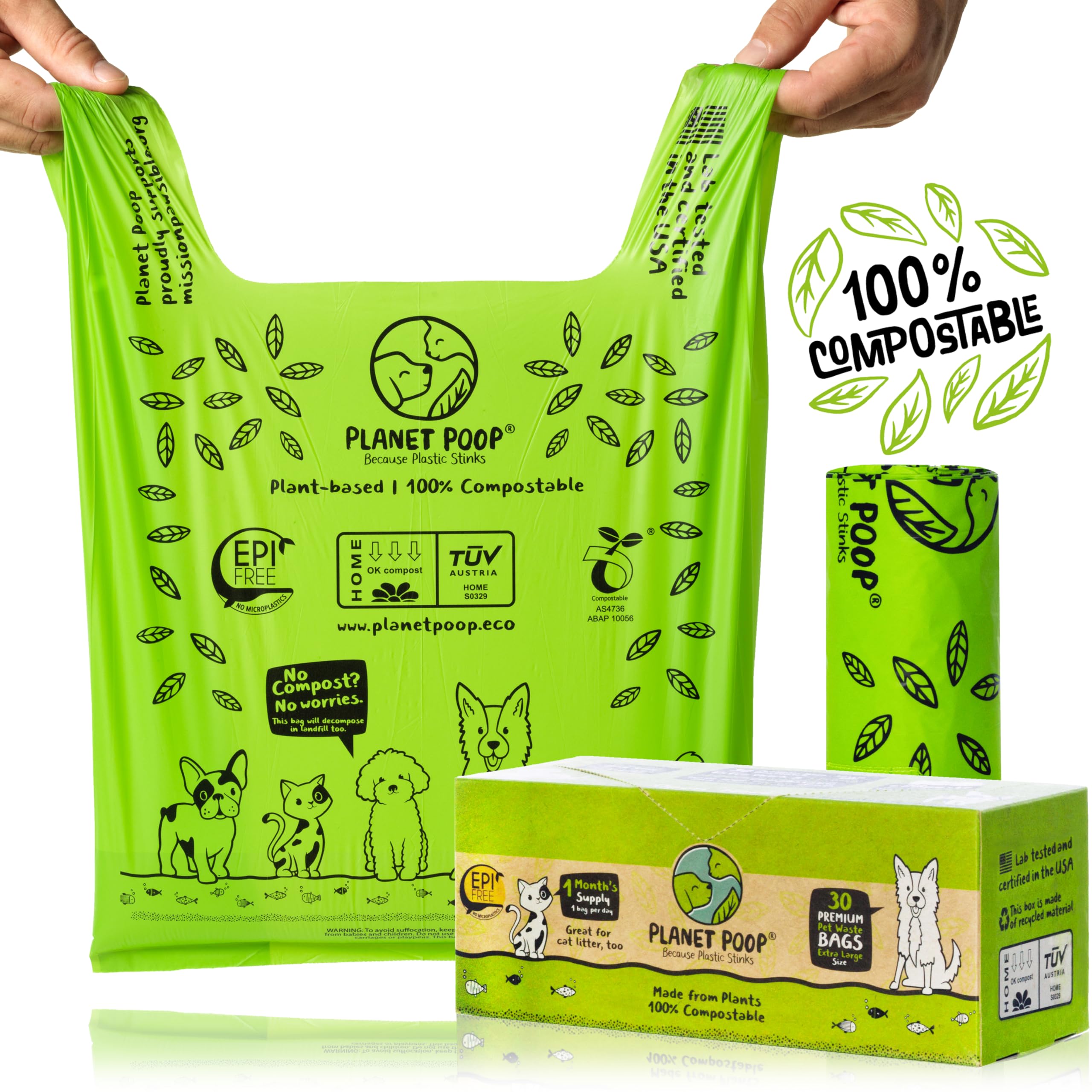 Planet Poop Home Compostable Dog Poop Bags, 30 Count, Xl Sized Cat Litter Box Clean-Up With Handles, Biodegradable For Dogs Extr