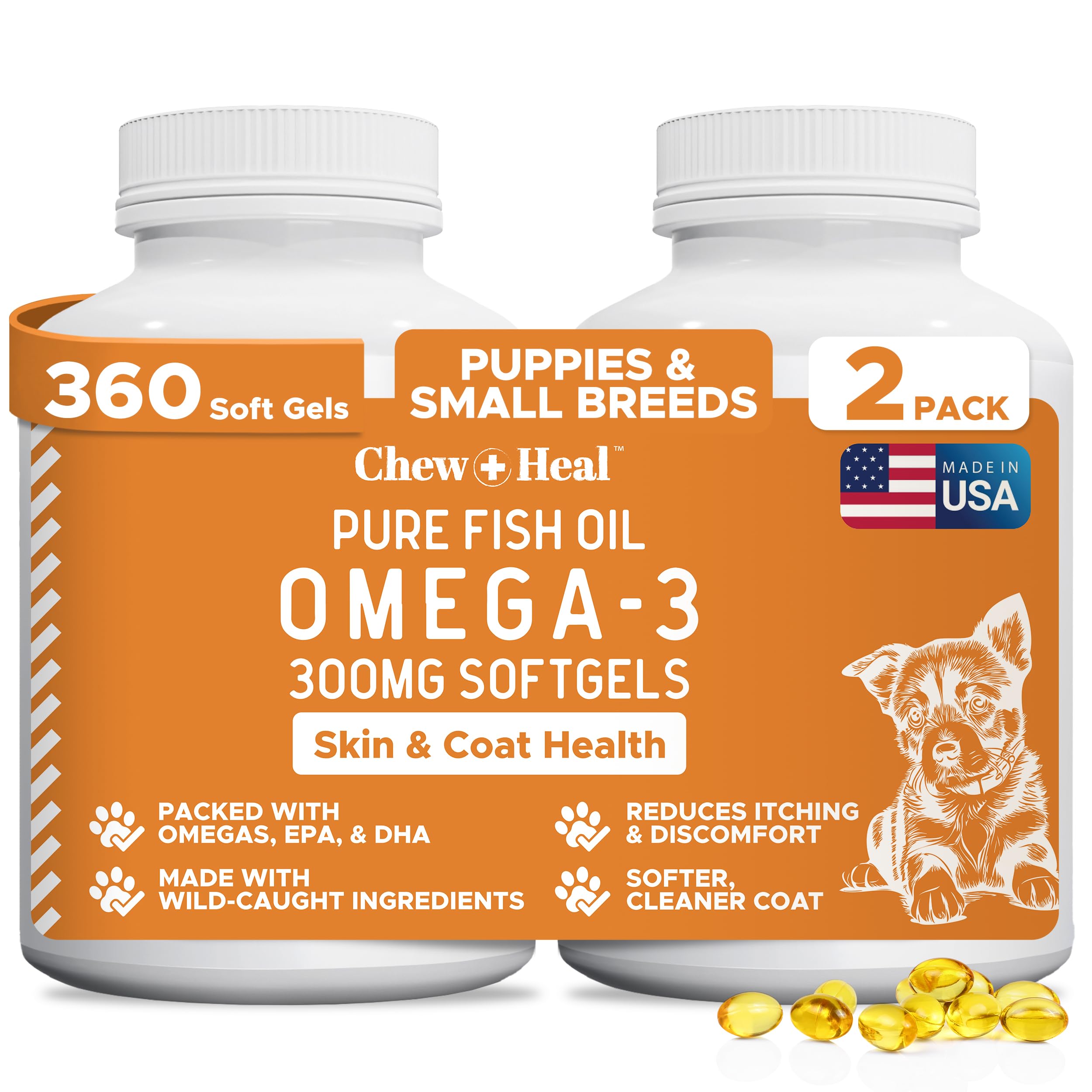 Wild Caught Omega 3 Fish Oil for Dogs - 300mg Mini Softgel Capsules for Healthy Skin and Coat - 360 Dog Fish Oil Pills for Shedd