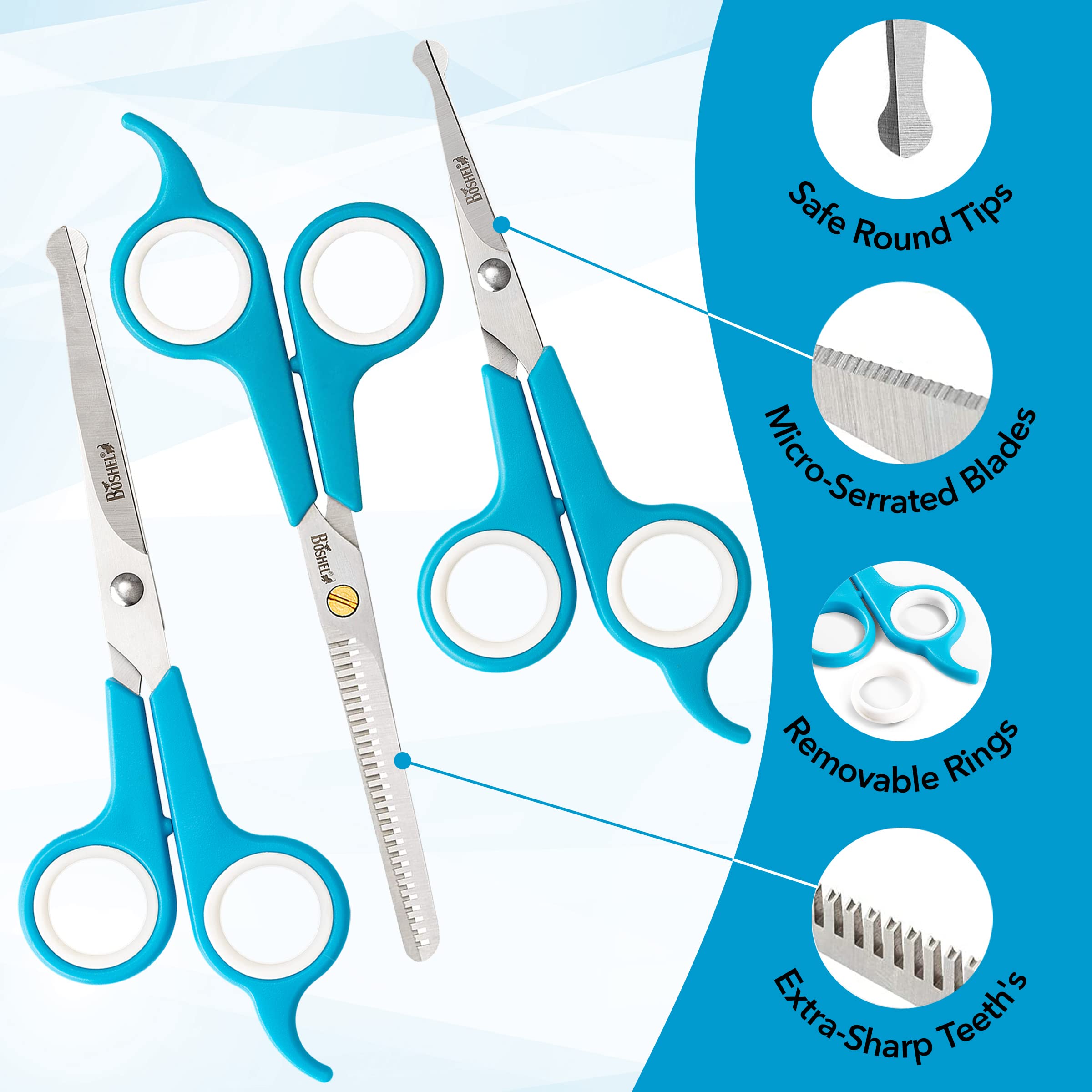 Boshel 3 Pc Dog Grooming Scissors Kit - 7' Scissor For Body Hair Trimming, 6' Small Micro-Serrated Scissor For Face, Ear, & Paws, Thinning Shears For Dogs - Professional Dog Grooming Kit For Cat & Pet