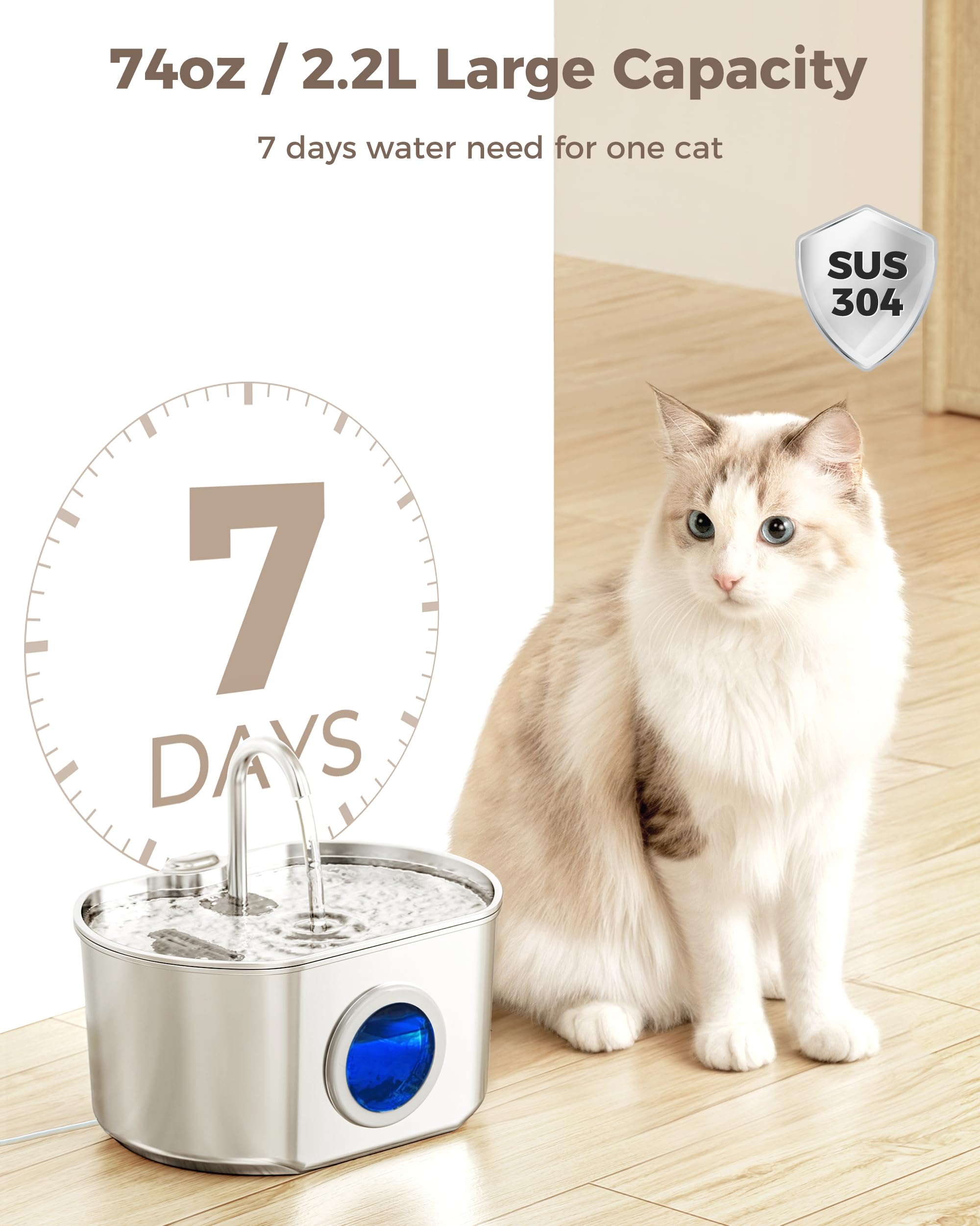 Cat Water Fountain Stainless Steel: 74oz/2.2L Cat Fountain for Drinking- Pet Water Fountain Inside - Automatic Dog Watering Disp