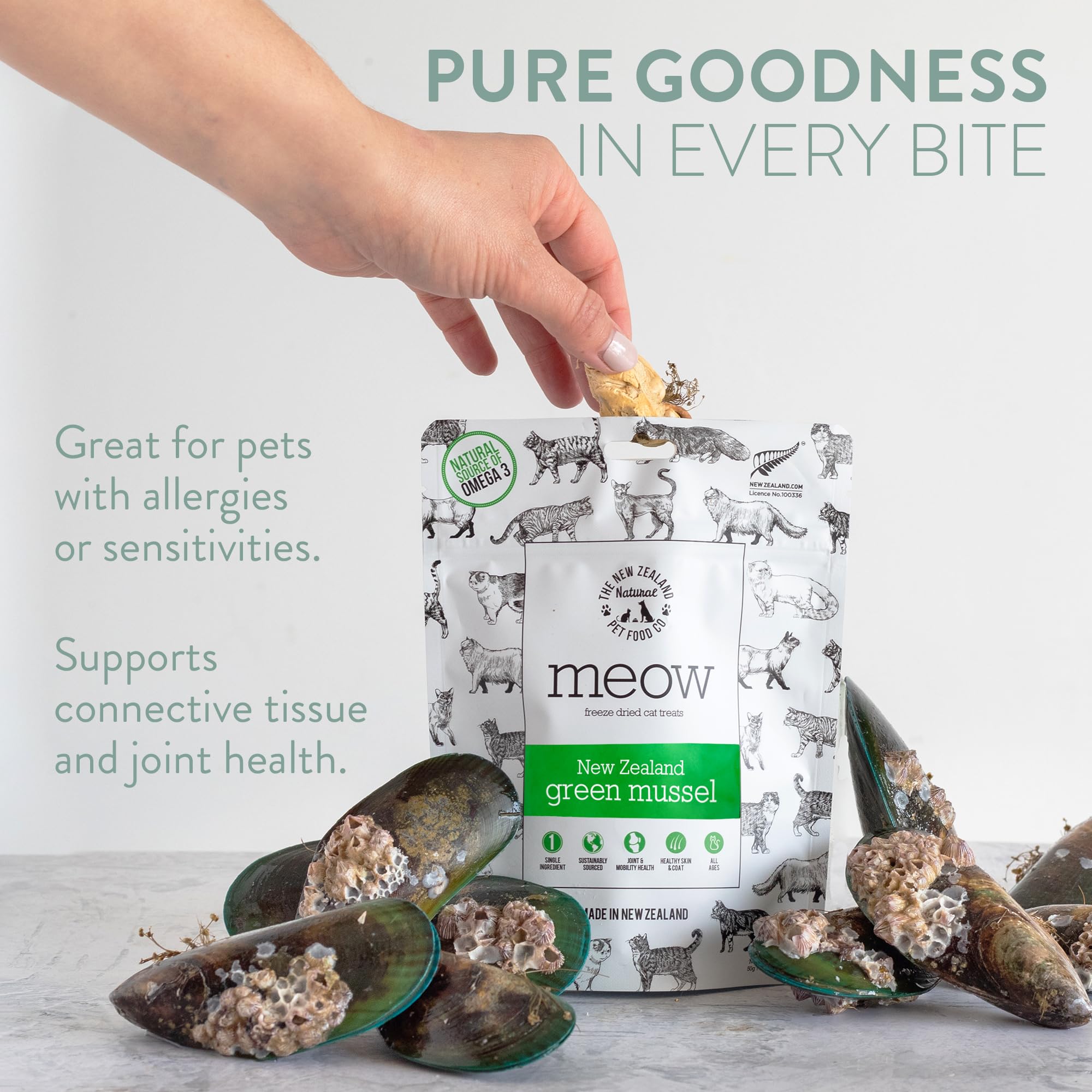 The New Zealand Natural Pet Food Co. Meow Freeze Dried Cat Treats - New Zealand Green Mussel, High Protein, Healthy Cat Snacks a