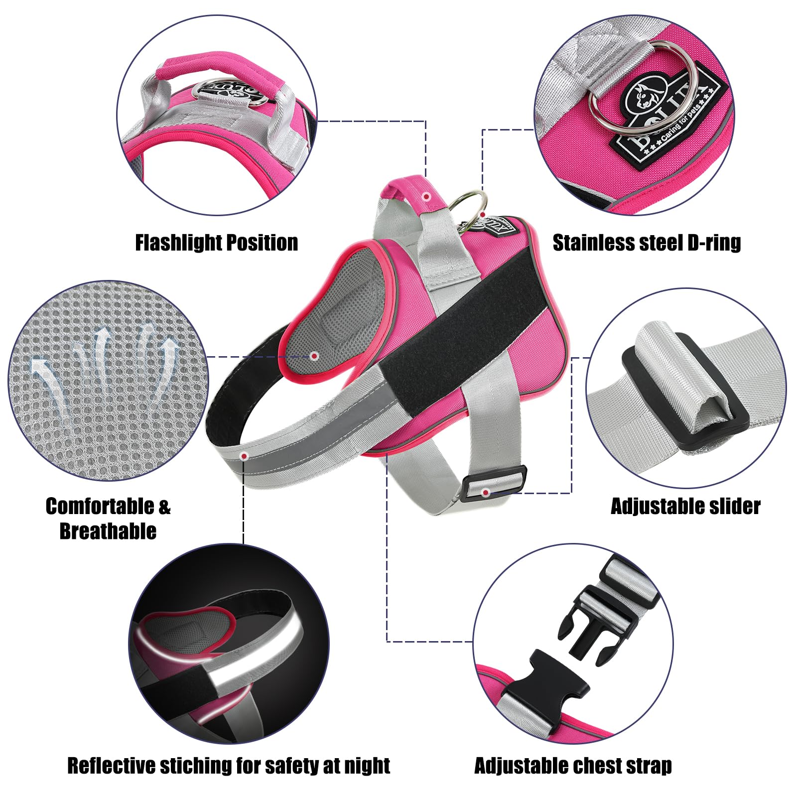 Bolux Dog Harness, No-Pull Reflective Dog Vest, Breathable Adjustable Pet Harness With Handle For Outdoor Walking - No More Pulling, Tugging Or Choking (Fuchsia, X-Small (Pack Of 1))