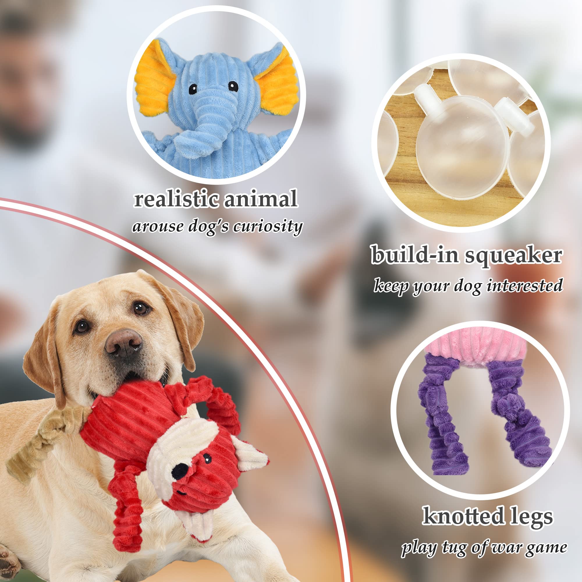 LECHONG 5 Pack Tough Dog Toys - Plush Squeaky Assortment for Small Medium Large Dogs - Multi Color Fabric Blend