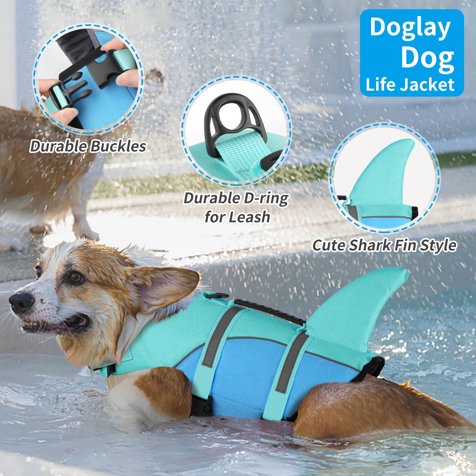 Doglay Shark Dog Jacket - Ripstop Life Vests For Swimming Boating With Rescue Handle & Adjustable Fit For Small To Large Dogs