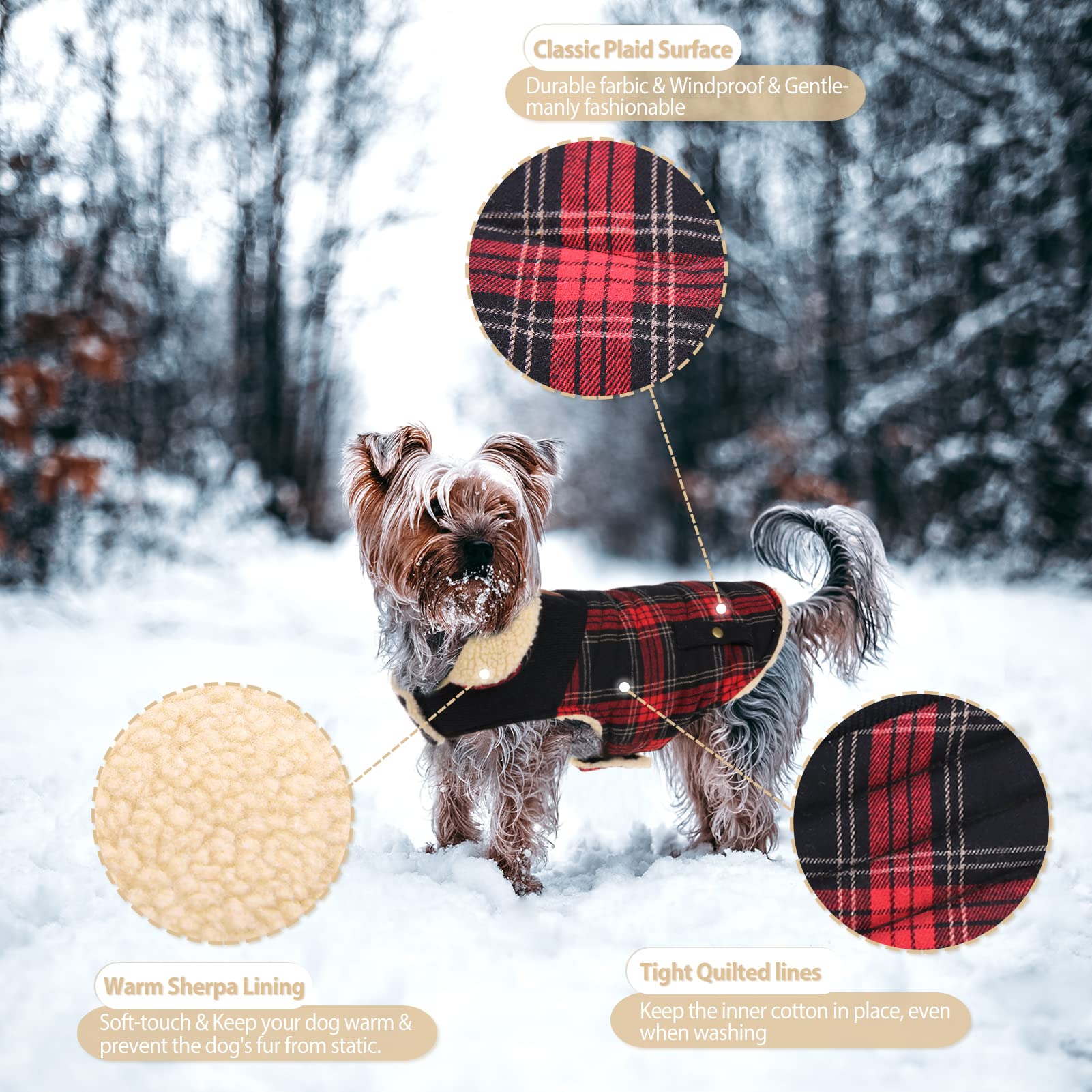 Preferhouse Winter Coat For Small And Medium Dogs, Puppy Plaid Jacket, Cotton Coat For Cold Weather, Windproof Warm Dog Garments