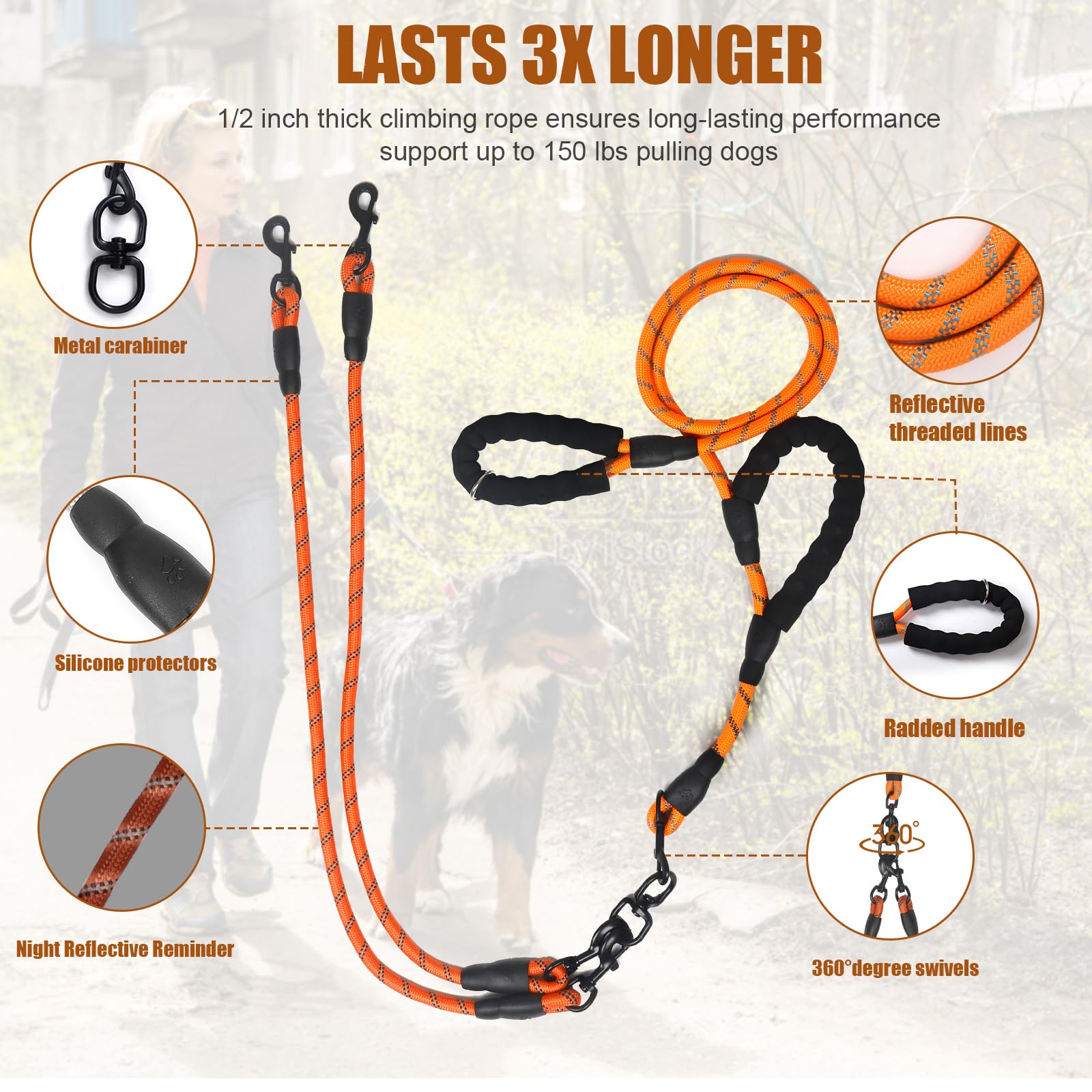 Exceptional 360 Anti-Tangle & No Pull Dog Leash - Four Handle & Reflective For Safety & Convenience - Small & Medium Dogs (Orang