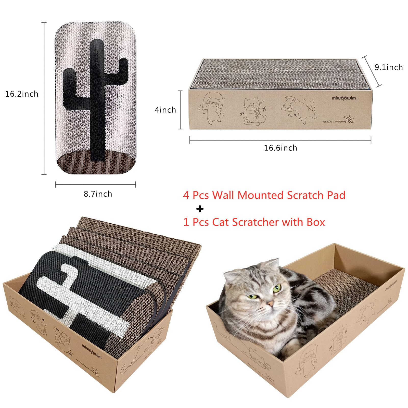 Miwoowim 4 Pcs Cat Scratcher Wall Mounted Scratch Pad +Cat Scratcher Box Door Cat Nail File Scratcher For Wall Modern Cute Cardb