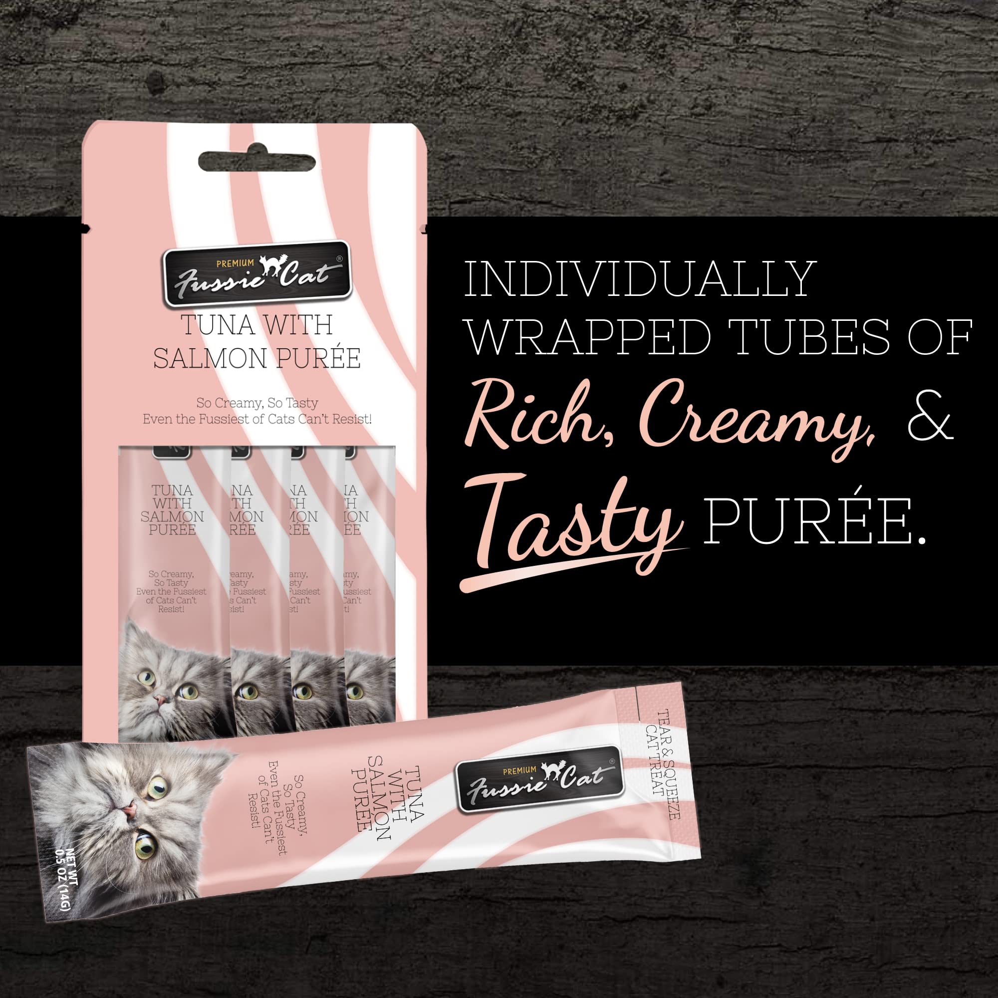 Fussie Cat Tuna with Salmon Puree Lickable Cat Treats, 0.5oz Pouch, Pack of 4, Grey
