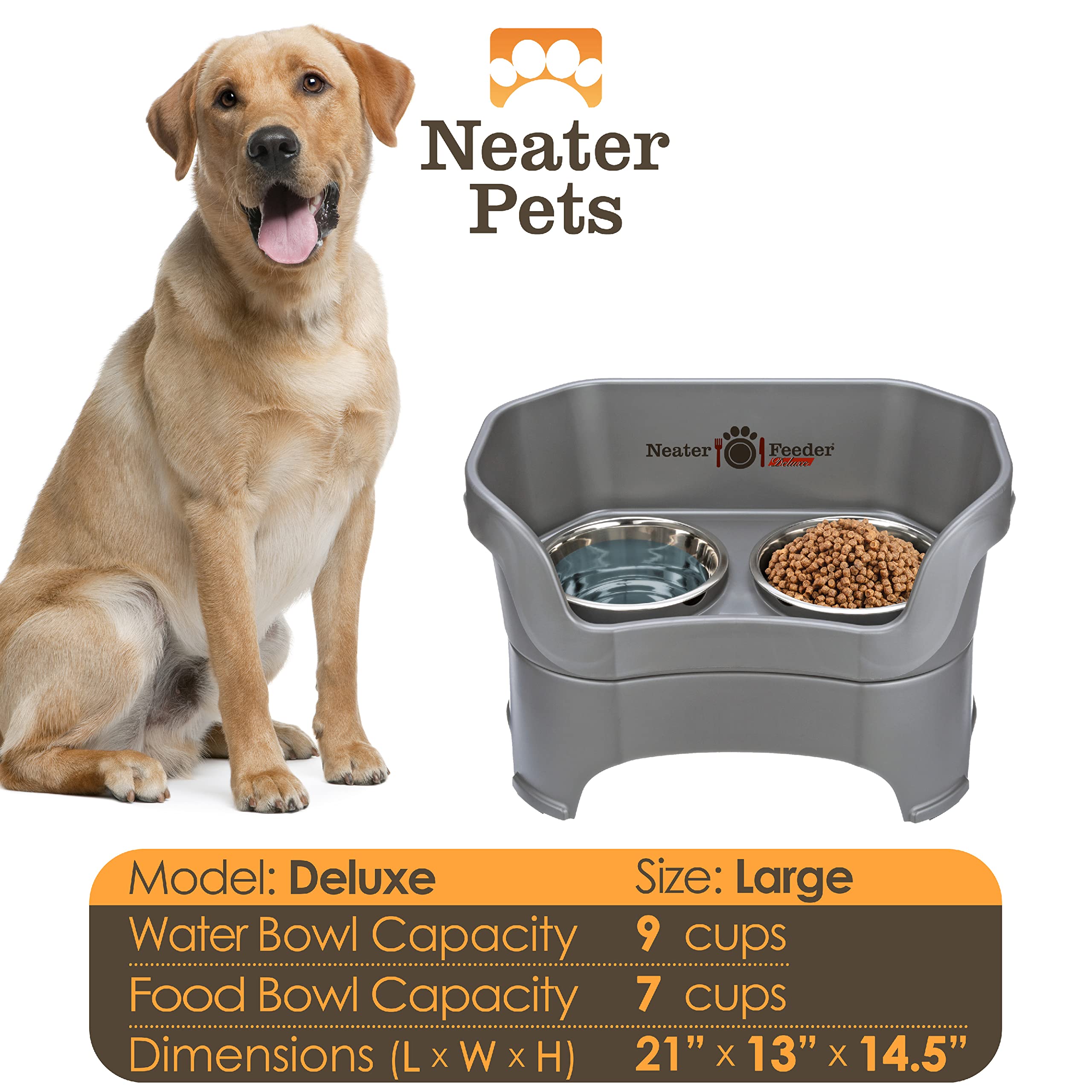 Neater Feeder Deluxe Mess Proof Dog Bowls Elevated for Large Breed - Made in USA - No Spill Raised Dog Food Bowl Stand - Stainle