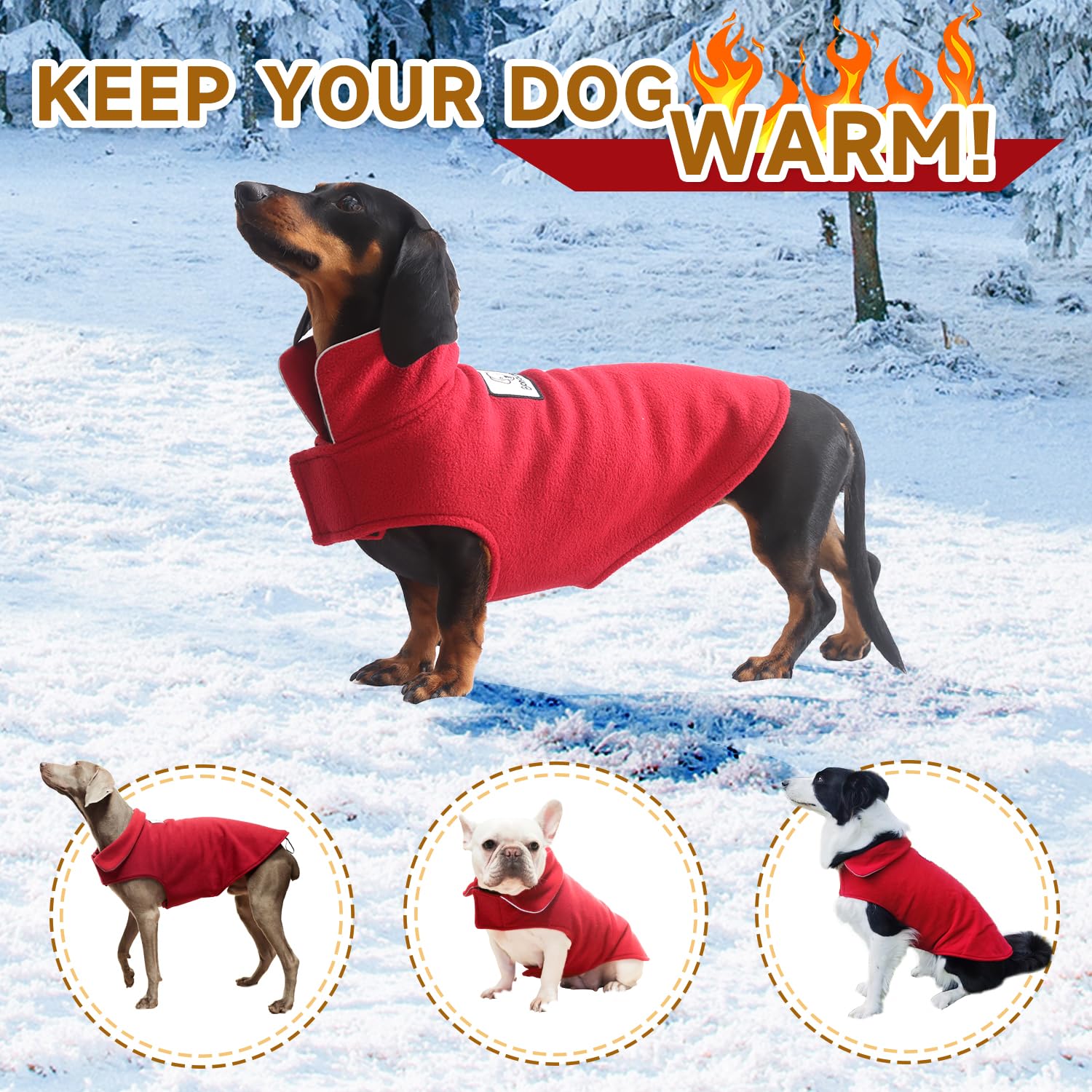 Bonawen Fleece Dog Coat Reflective Cold Weather Dog Jacket Apparel For Extra Large To Small Pets(Red,3Xl)