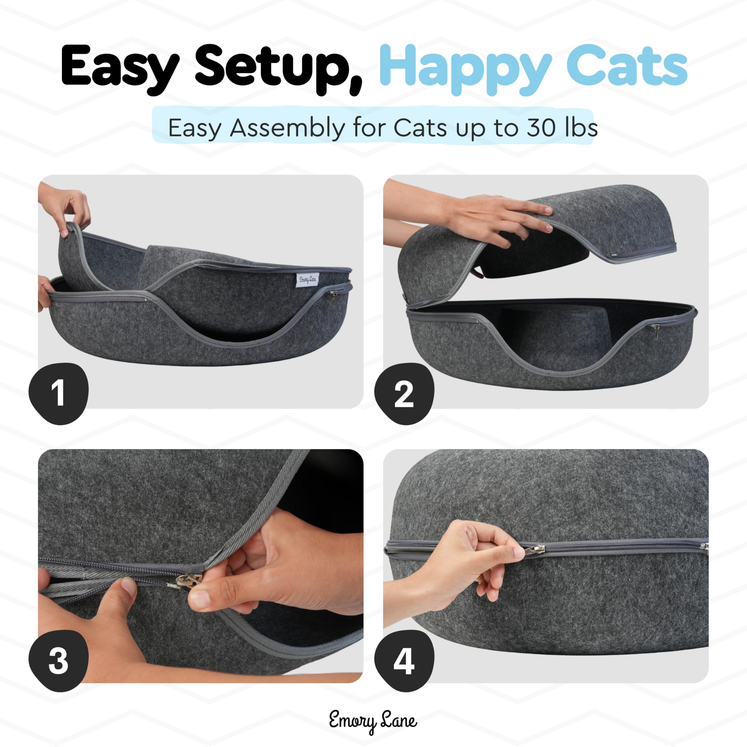 Emory Lane - Premium Cat Cave, Multifunctional Donut Tunnel Bed, Round Felt Cave With Zipper, For Pets Up To 40 Lbs (24X24X11 In
