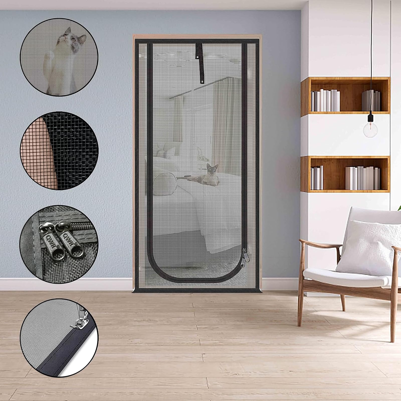 QWR Cat Screen Door, Reinforced Zipper Closure, Fits 32"x80", Black, Alloy Steel, Model QWR-3321