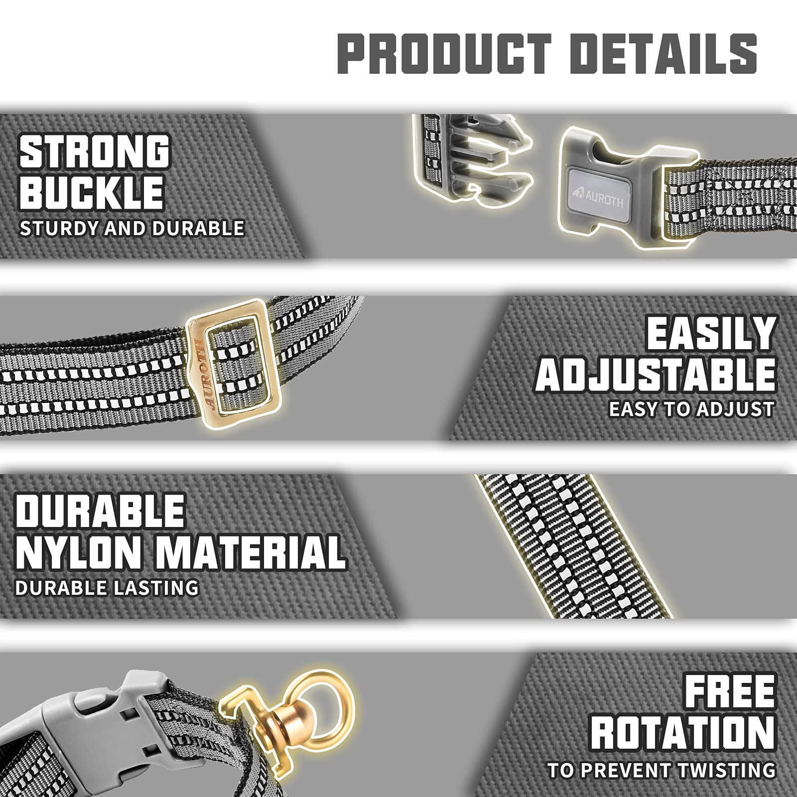 Auroth Dog Collar For Medium Large Dogs, Reflective Dog Collar, Soft Nylon Adjustable Dog Collars With Heavy Duty Metal D Ring Tangle Free (Medium:12'-19.6', Grey)