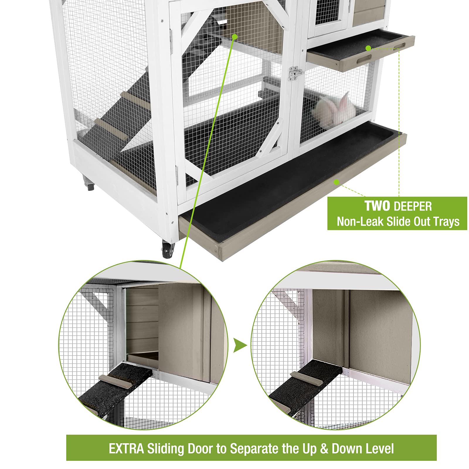 Gutinneen Indoor Outdoor Rabbit Hutch, Bunny Cage On Wheels With 2 Deep No Leakage Pull Out Trays (Without Bottom Wire Mesh)
