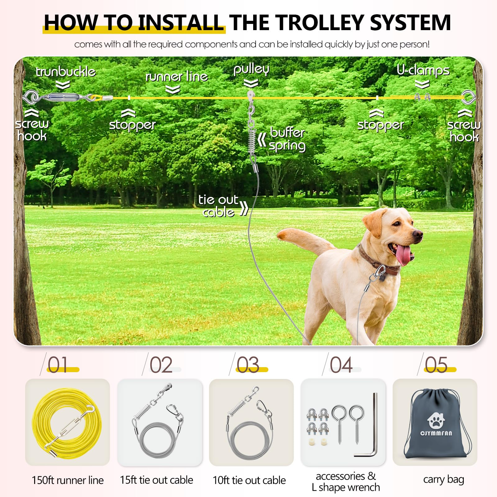 CJYMMFAN Heavy Duty Dog Zip Line System - 150ft Line with 10ft & 15ft Tie Out - Yellow & Grey - Supports Large Dogs Up to 250lbs