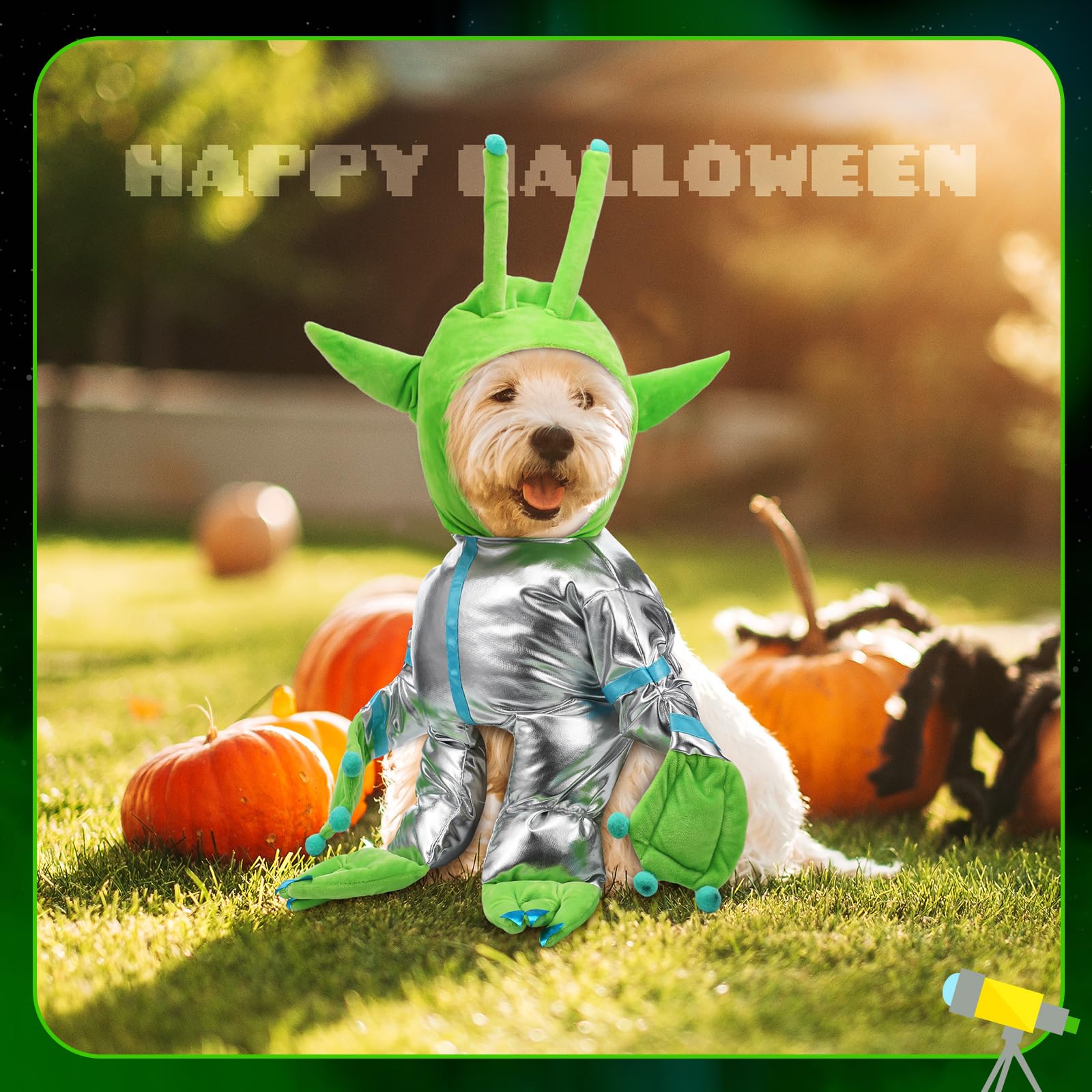 Huhumy Green Alien Costume for Small Dog, Medium Dog Halloween Astronaut Outfits Alien Pet Costume Cute Hooded with Reflective O