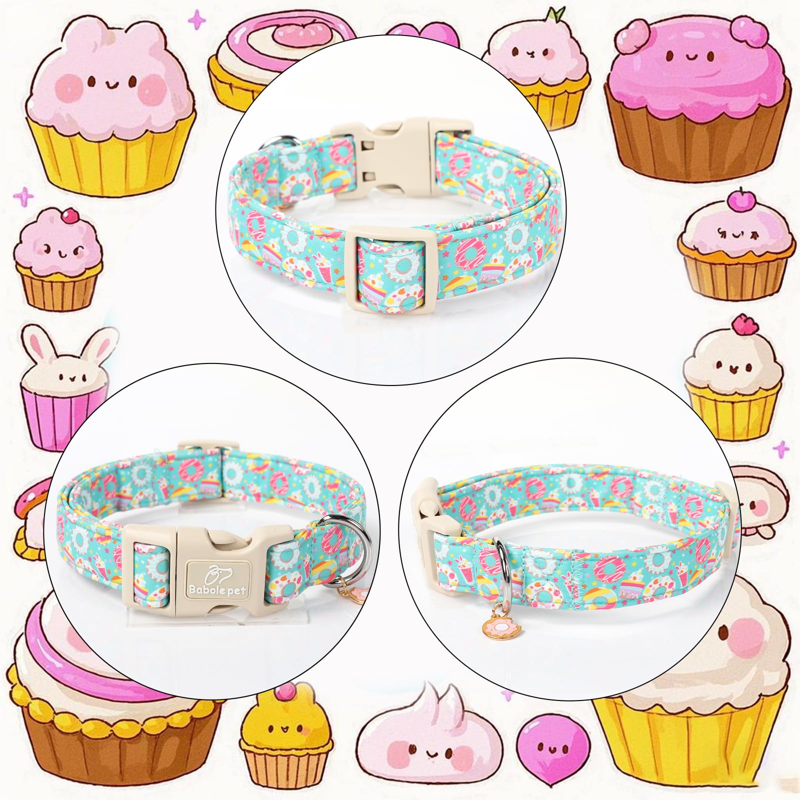 Babole Pet Adjustable Summer Dog Collar, Cute Mint Dessert Dog Collars For Large Dogs, Lightweight Quick-Release Buckle Collar F