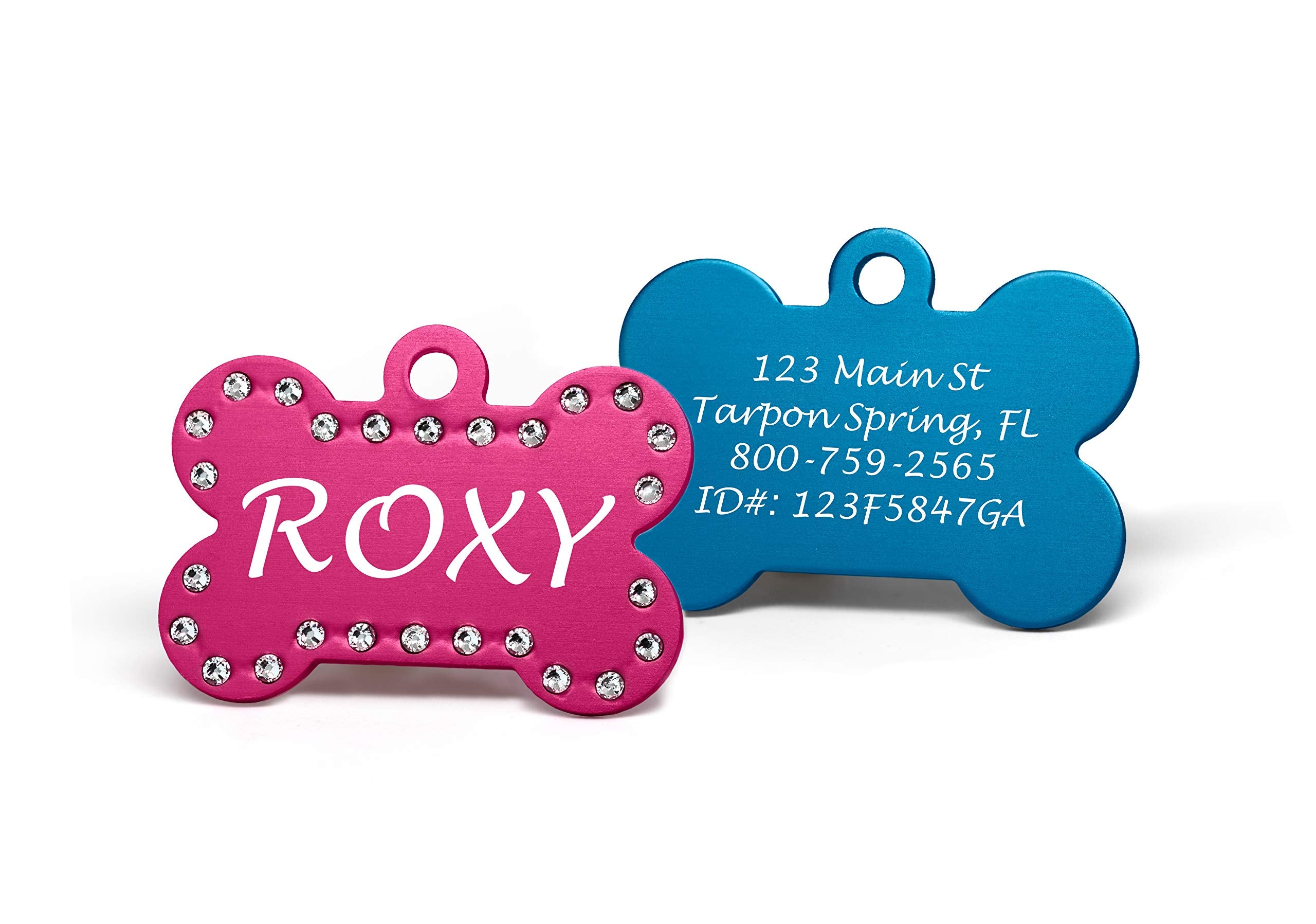 Custom Engraved Pet Id Tags With Swarovski Crystal - 1.5' Long X 1' Tall, Anodized Aluminum, Bone Shape, Pink