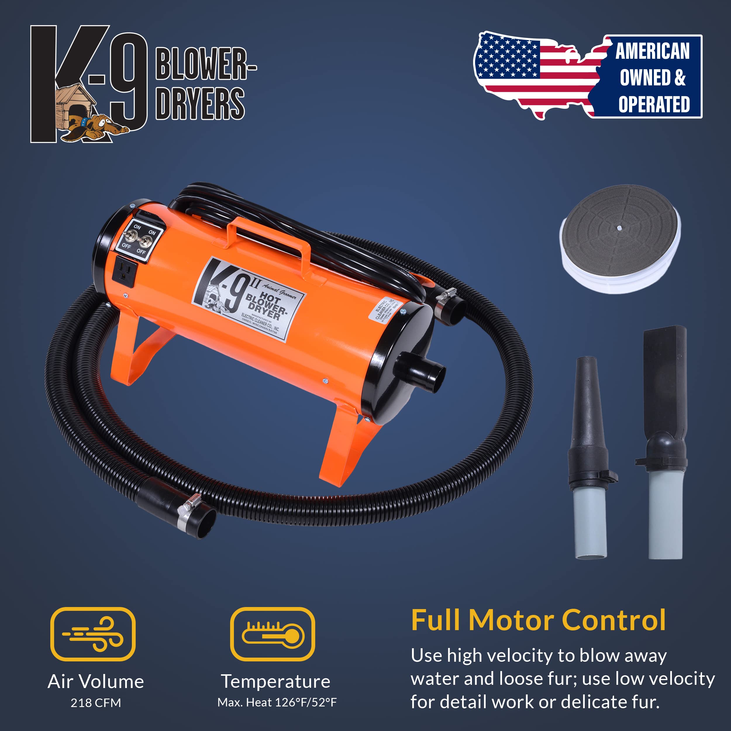 Electric Cleaner Company K9 Ii Dog Blow Dryer - High Power Grooming Dryer, Heavy Duty, 10' Hose, Deshedding, Hunter Green