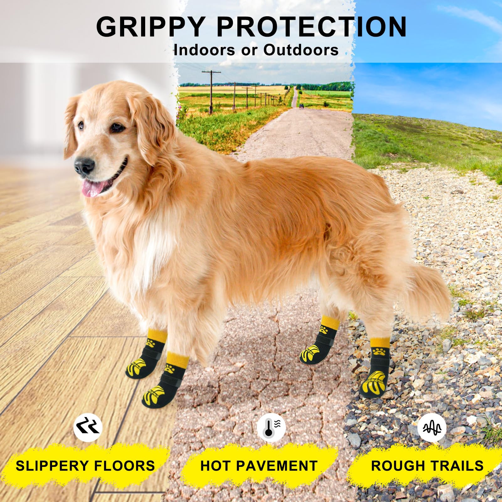 BEAUTYZOO Non-Slip Dog Socks, M Size, Bananas Yellow, Paw Protector for Hot Pavement, Traction on Wood Floors, Pack of 4