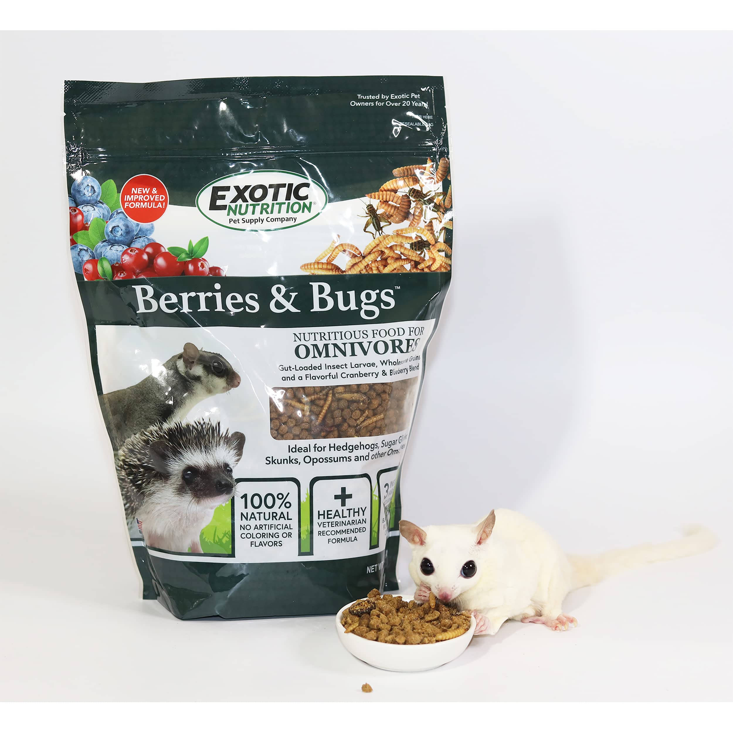 Exotic Nutrition Berries & Bugs - High Protein High Fiber Food for Hedgehogs, Skunks, Opossums, Sugar Gliders, 1.5 lb