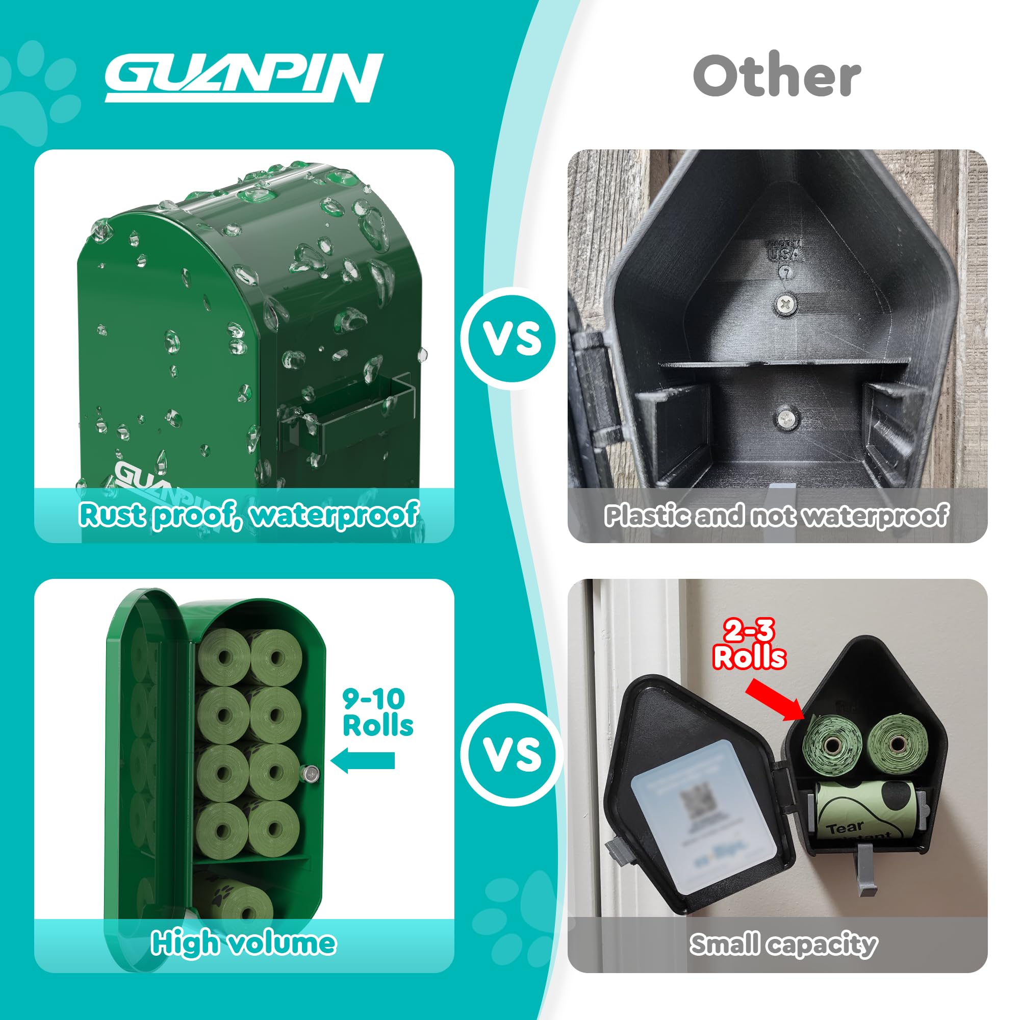 Guanpin Dog Poop Bag Dispenser Wall Mount, Magnetic Closure, High Capacity, Green, 1 Count, Metal, Corrosion-Resistant, Model GH-LD422G