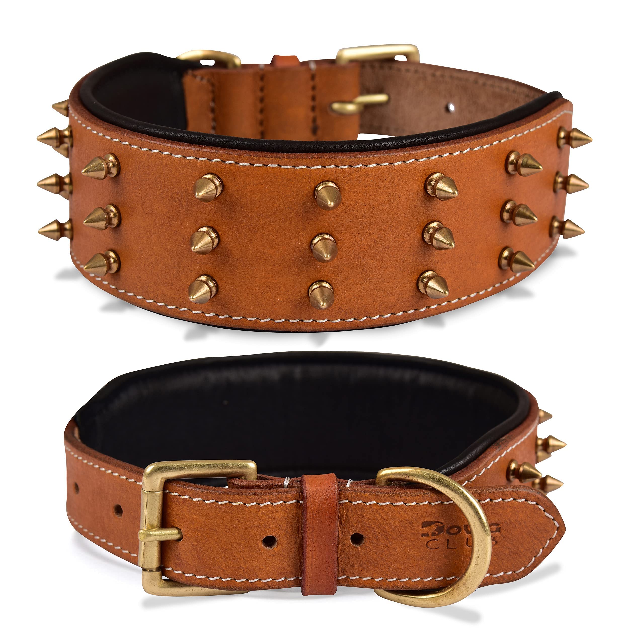 Dowgclub Spiked Leather Dog Collar - 2 Wide Full Grain Bridle Leather, Heavy Duty, Padded & Adjustable - For Extra Large Breed