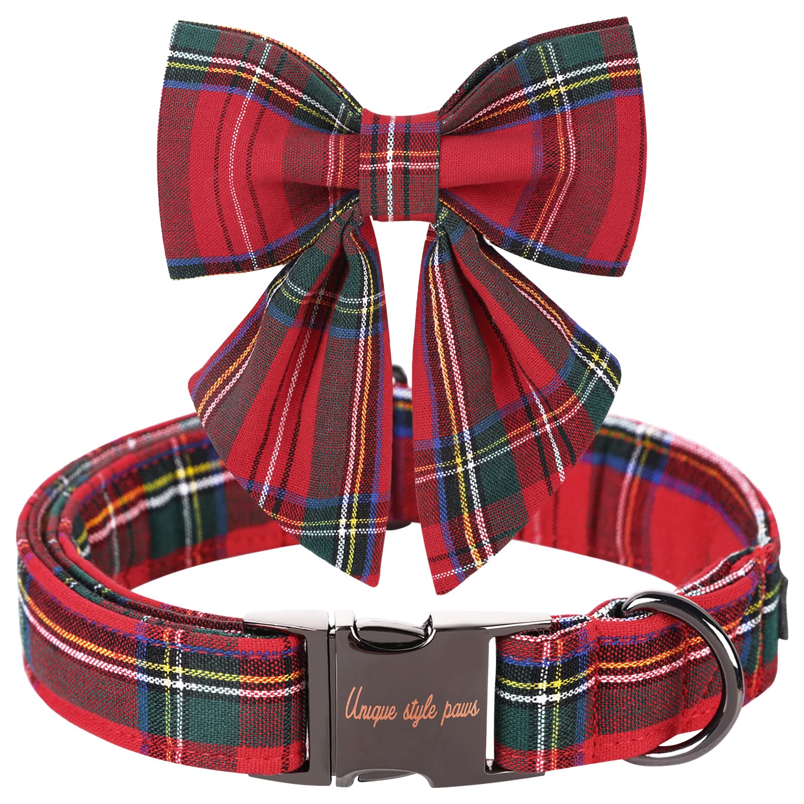 Unique Style Paws Christmas Dog Collar With Bow Tie Red Plaid Puppy Collar For Small Medium Large Dogs As Autumn Winter Gifts -M