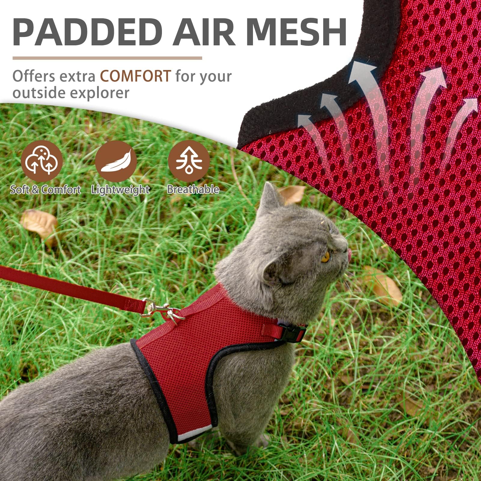 Pupteck Soft Mesh Cat Vest Harness And Leash Set Puppy Padded Pet Harnesses Escape Proof For Cats Small Dogs, Red Small