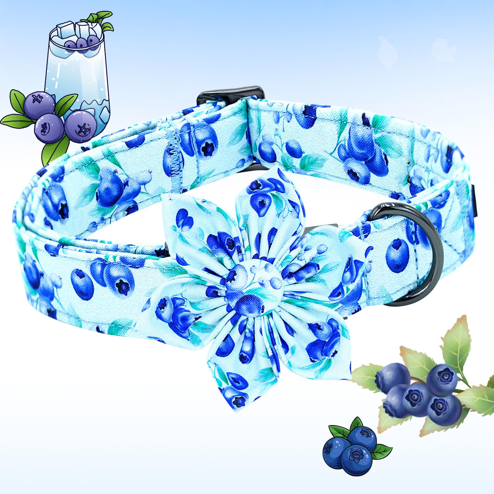 Lionheart Glory Dog Collar With Flower Blueberries Print Collars For Medium Dogs, Spring Summer Cute Duty Adjustable Dog Flowers