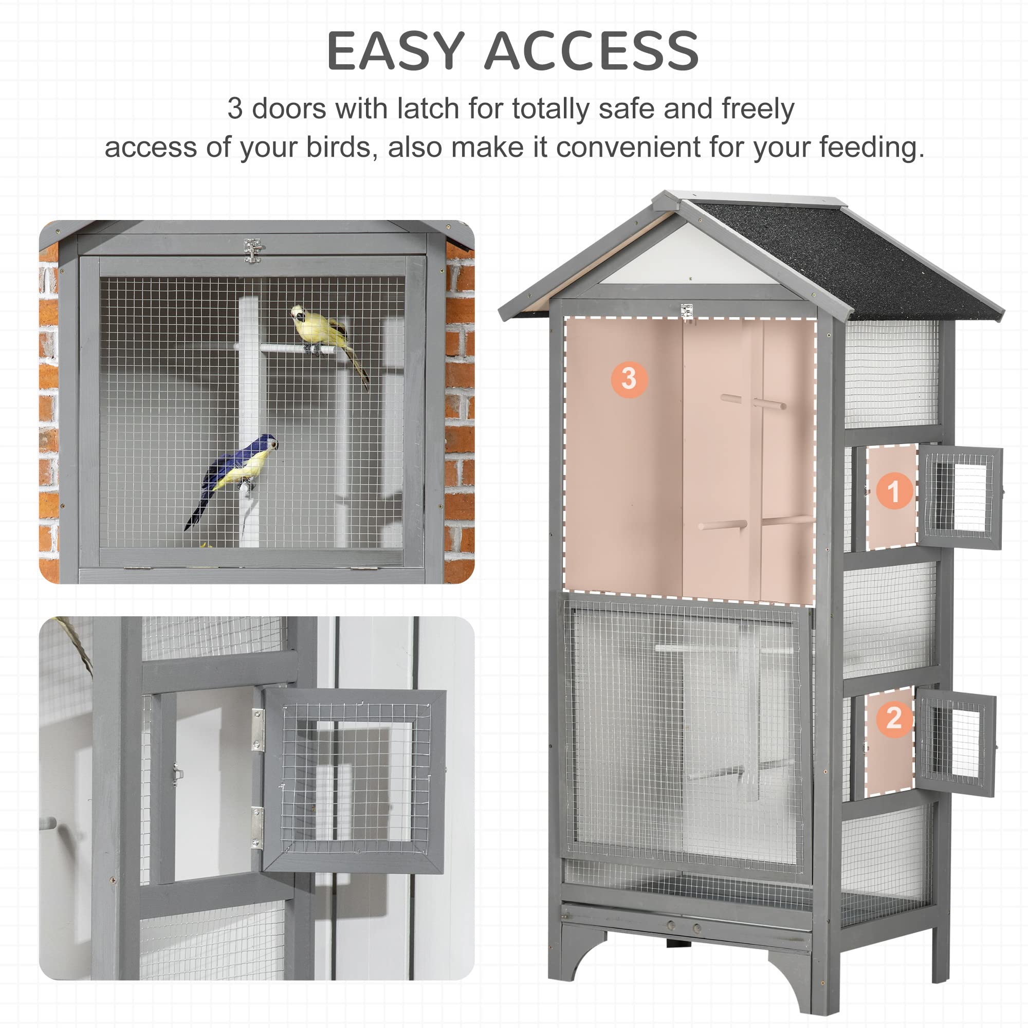 Pawhut 60' Wooden Outdoor Bird Cage For Finches, Parakeet, Large Bird Cage With Removable Bottom Tray 4 Perch, Light Gray