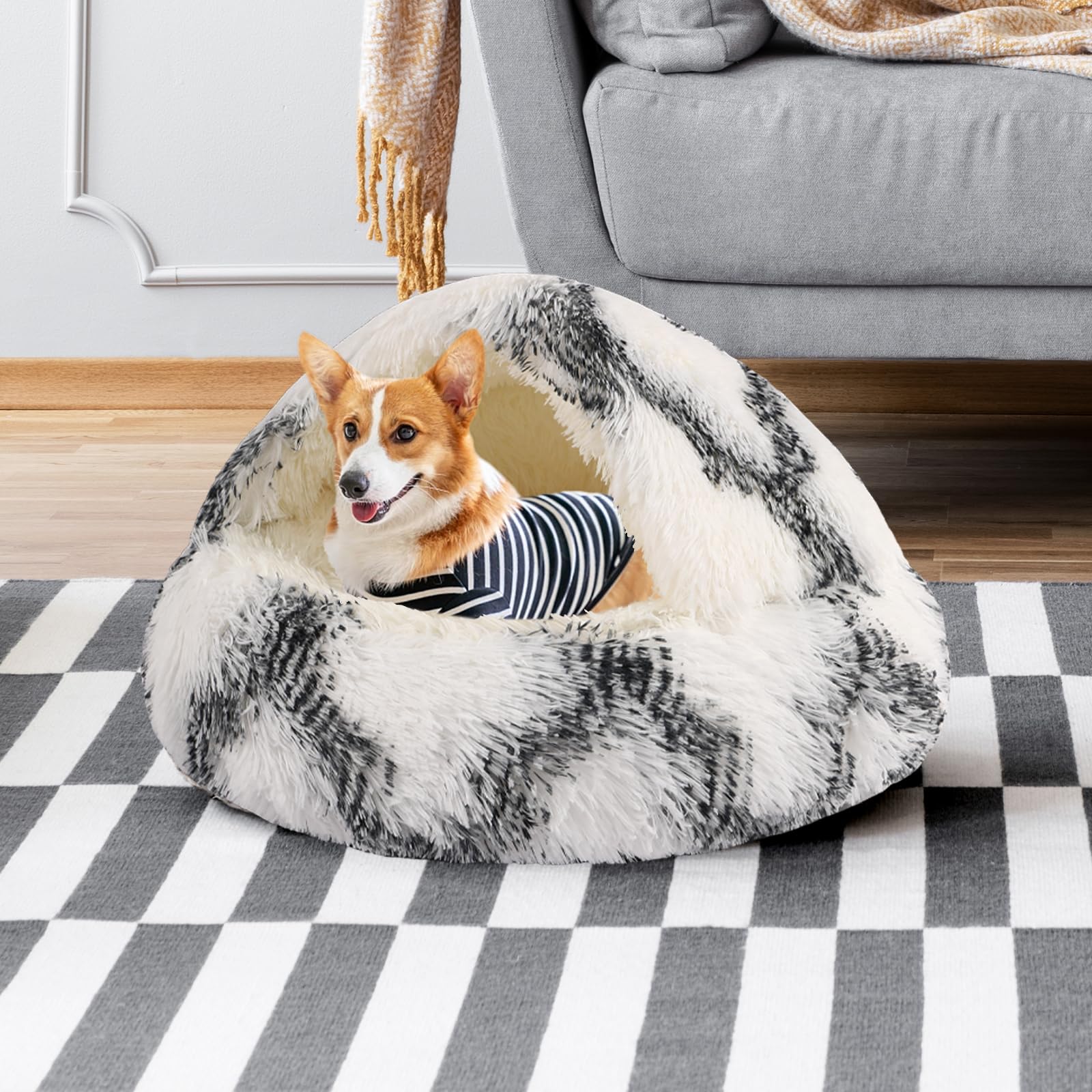 Kkbdoo Round Hooded Cat Bed & Dog Bed With Cover Cave, Dog Bed For Small Dogs, Faux Fur Cuddler Round Coved Cat Bed Self Warming