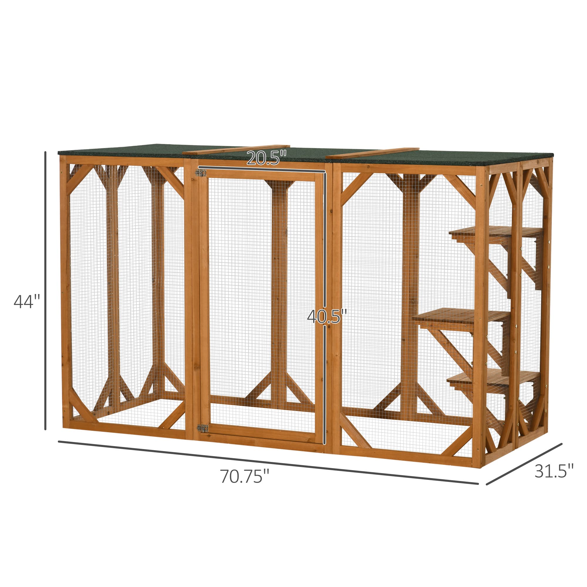 Pawhut Outdoor Cat House, Catio Wooden Feral Cat Shelter, Cat Cage With Platforms, Large Enter Door, Weather Protection Asphalt Roof, 71' L, Orange