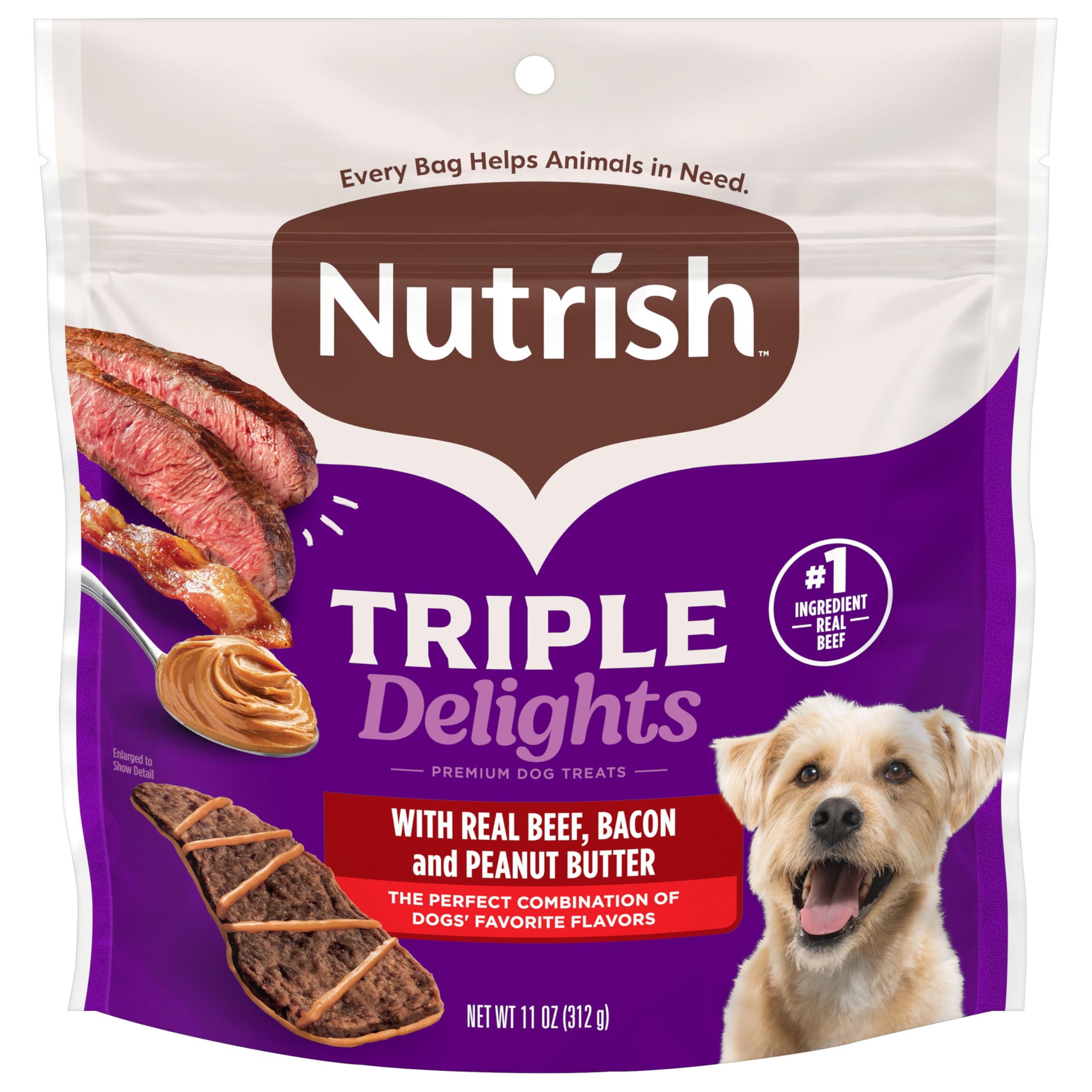 Nutrish Triple Delights Premium Dog Treats with Real Beef, Bacon, and Peanut Butter, 11 oz. Pouch, Pack of 4