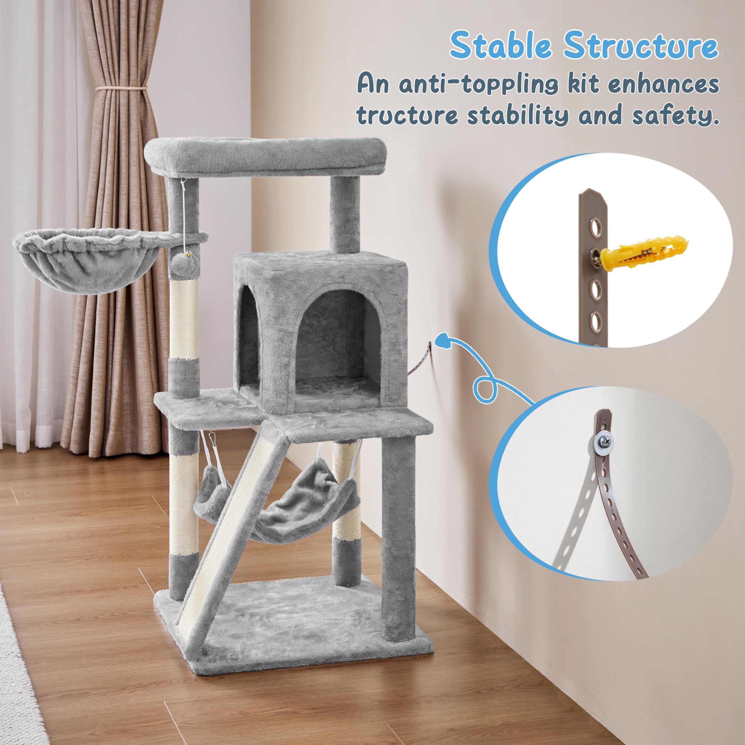 Yaheetech Cat Tree Cat Tower, 40-Inch Cat Condo With Oversized Soft Platform, Scratching Board, Basket And Hammock, Cat Furniture For Kittens Cats Pets, Light Gray