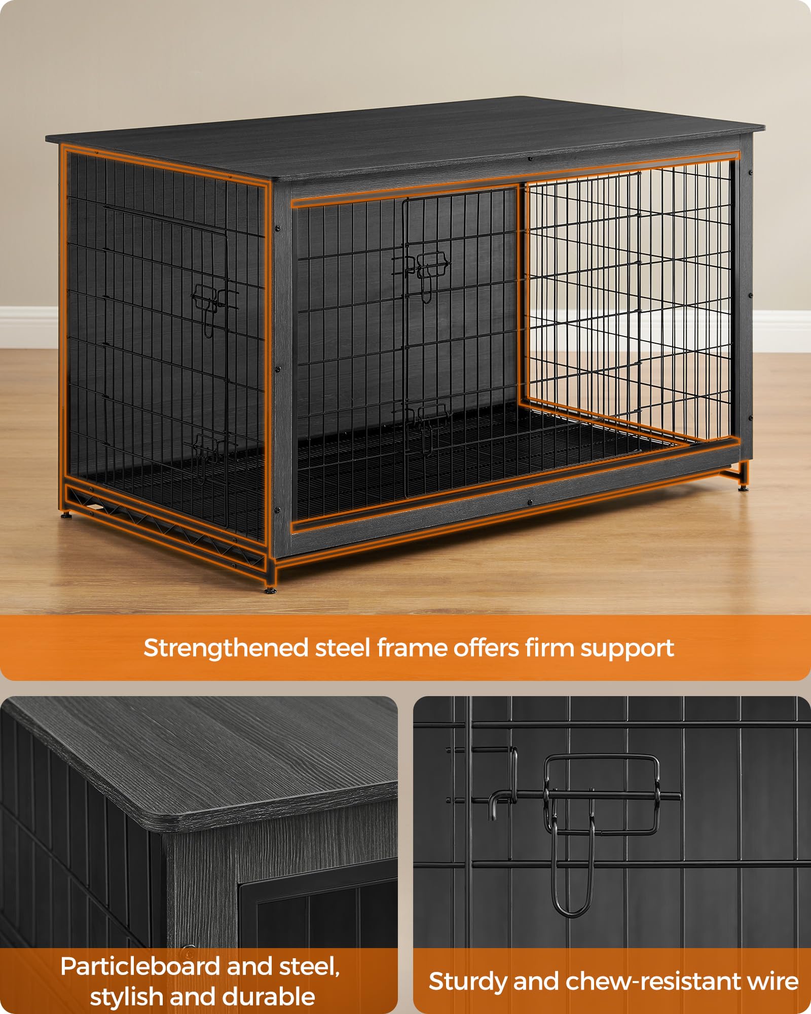 Feandrea XXL Dog Crate Furniture - Indoor Wood Kennel, 56.1"x33.7"x33.8", Ink Black, Engineered Wood, Model UPFC005B01