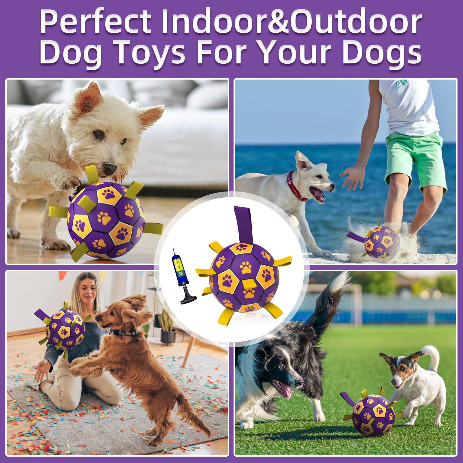 QDAN Dog Soccer Ball - Interactive Tug Toy for Small & Medium Dogs, Durable Polyurethane, Yellow Purple, 6 Inch
