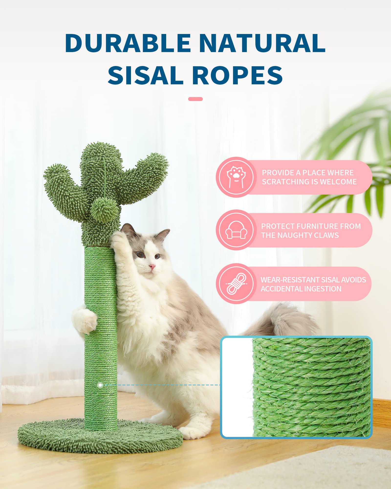 Made4Pets Cat Scratching Post, 21.7  Cactus Cat Scratcher Kitten Scratching Post with Natural Sisal Rope for Indoor Cats Claw Sc
