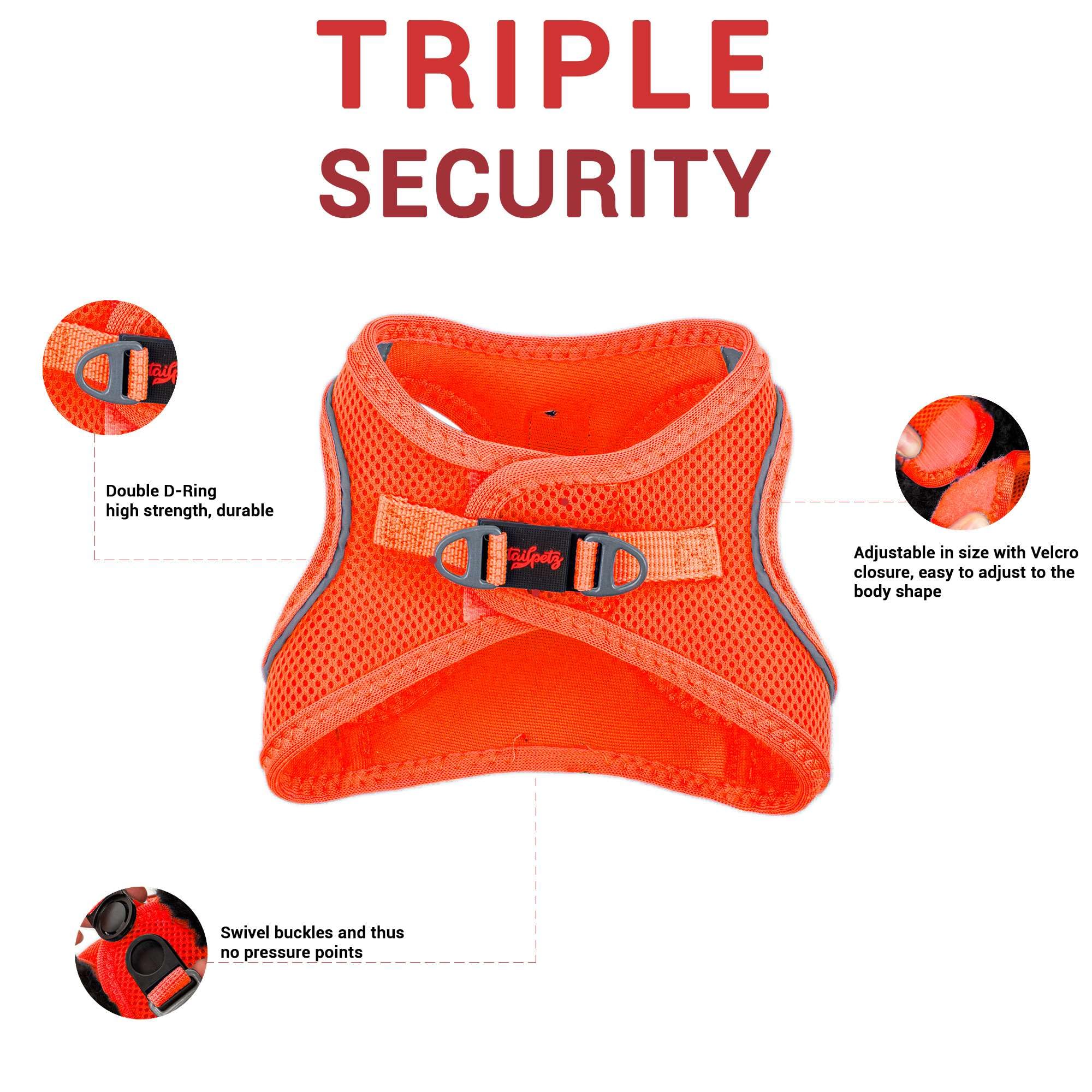 Tailpetz XSmall Dog Harness Orange, Adjustable Step in No Pull Harness for Small Dogs, Reflective Puppy Harness for Puppy Traini