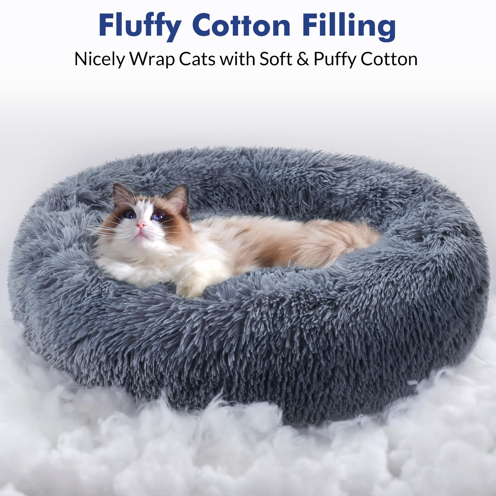 Rabbitgoo Cat Beds For Indoor Cats, 24 Inches Cat Bed Machine Washable, Fluffy Round Pet Bed Non-Slip, Calming Soft Plush Donut Cuddler Cushion Self Warming For Small Dogs Kittens, Dark Grey, Large
