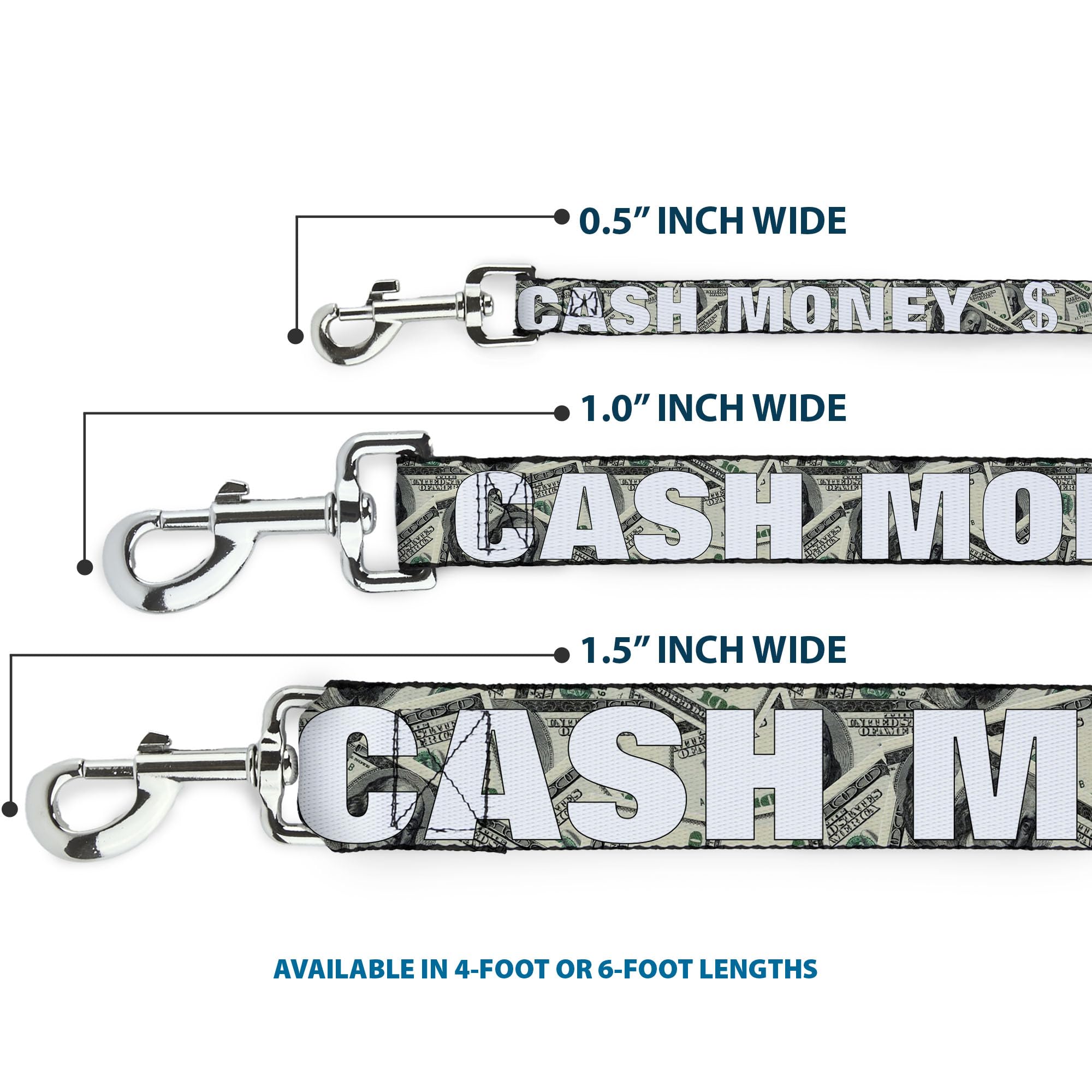 Buckle-Down Dog Leash Cash Money Dollar Bills White Fill 6 Feet Long 1.5 Inch Wide