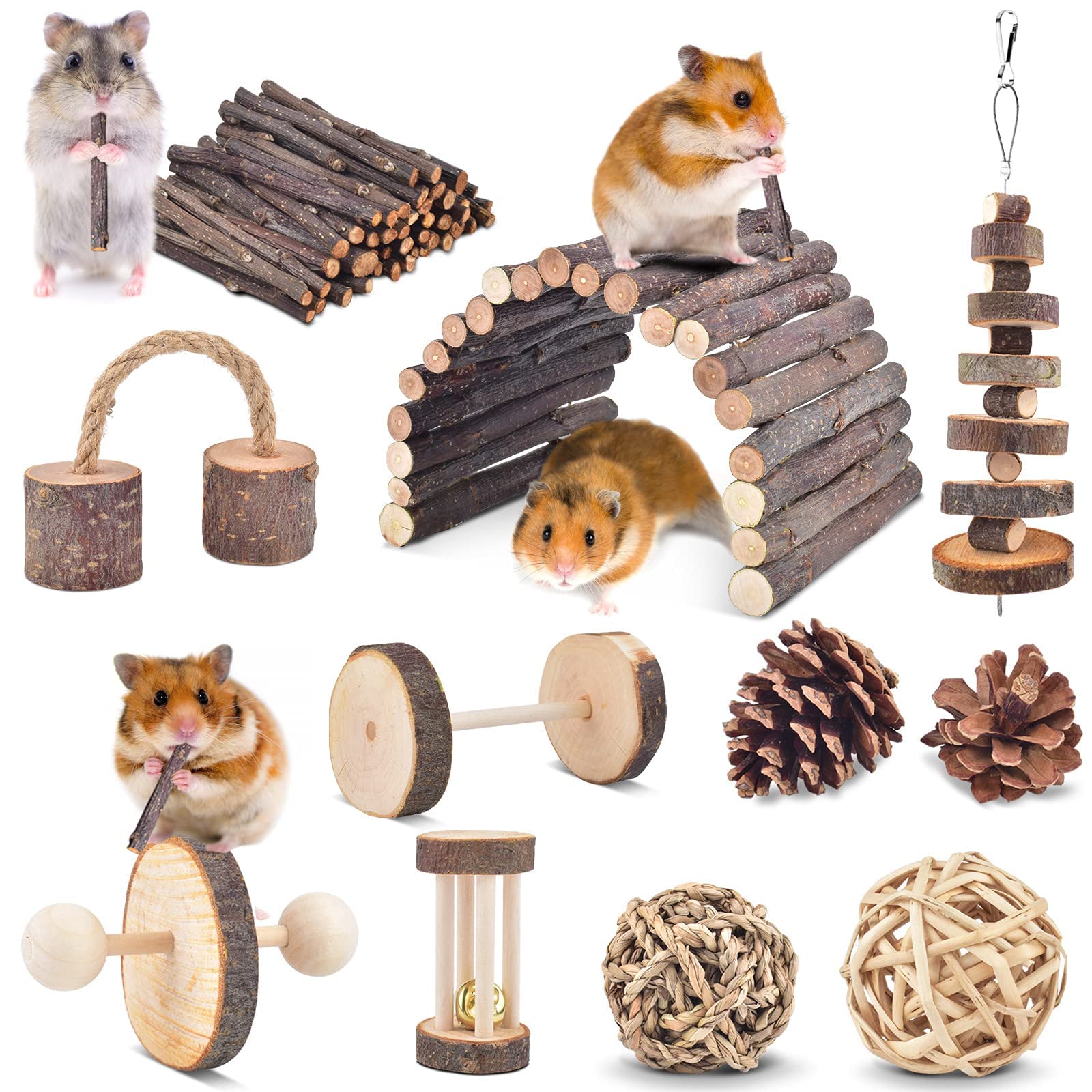 Erkoon 11 Pack Chinchillas Chew Toys, Toys Accessories For Teeth Care, Natural Apple Wood Ladder Bell Roller For Russian Hamster