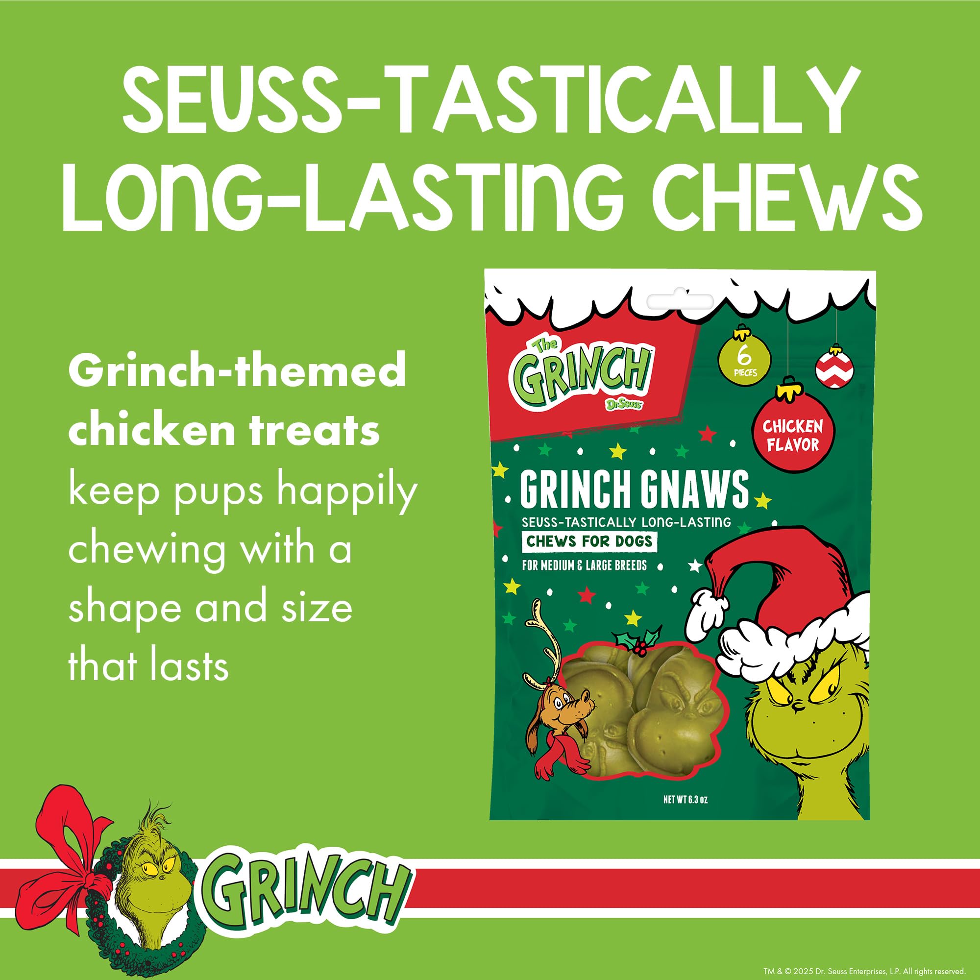 Dr. Seuss The Grinch Gnaws Chicken Dog Treats - Long Lasting Holiday Chews for Medium & Large Dogs, with Fillable Cavity for Spr