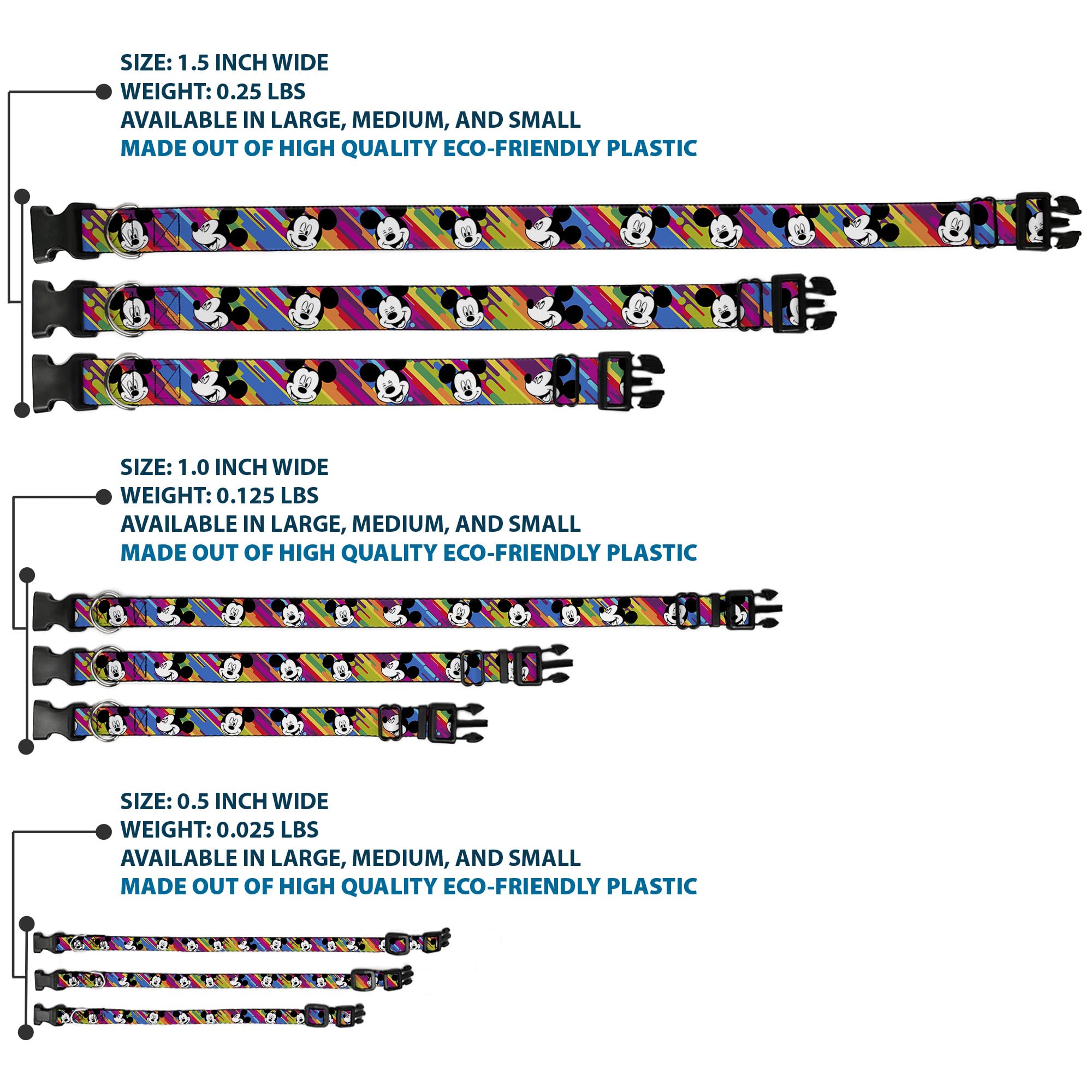 Buckle-Down Plastic Clip Collar - Mickey Mouse Expressions Multi Color White/Black - 1/2' Wide - Fits 8-12' Neck - Medium