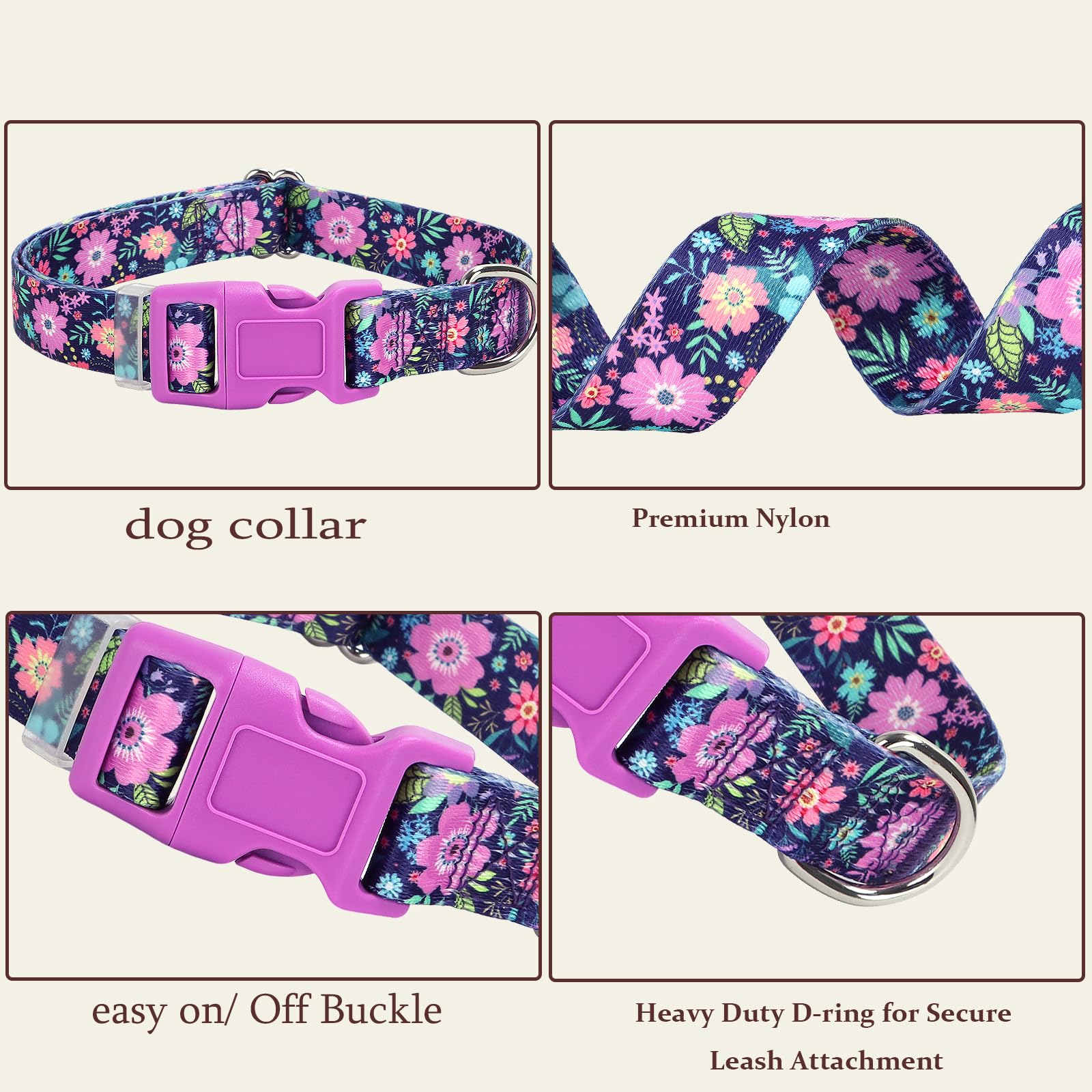 Dog Collars For Medium Dogs,Cute Girl Dog Collar With Boho Flowers Patterns,Adjustable Comfy Soft Durable Pet Collar For Small M
