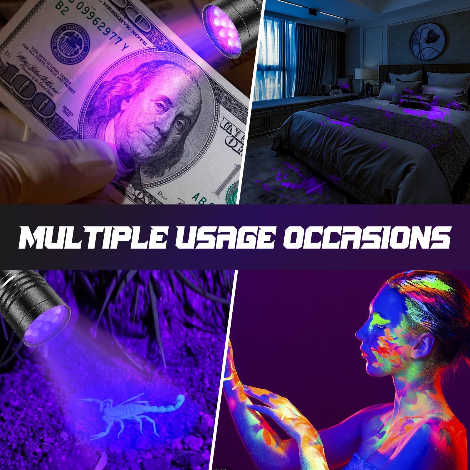 Kizplays Uv Flashlights, 2 Pack Black Light Flashlights With 12 Led And 395 Nm Black Light For Pet Urine And House Stains Detecting, 6 Aaa Batteries Included